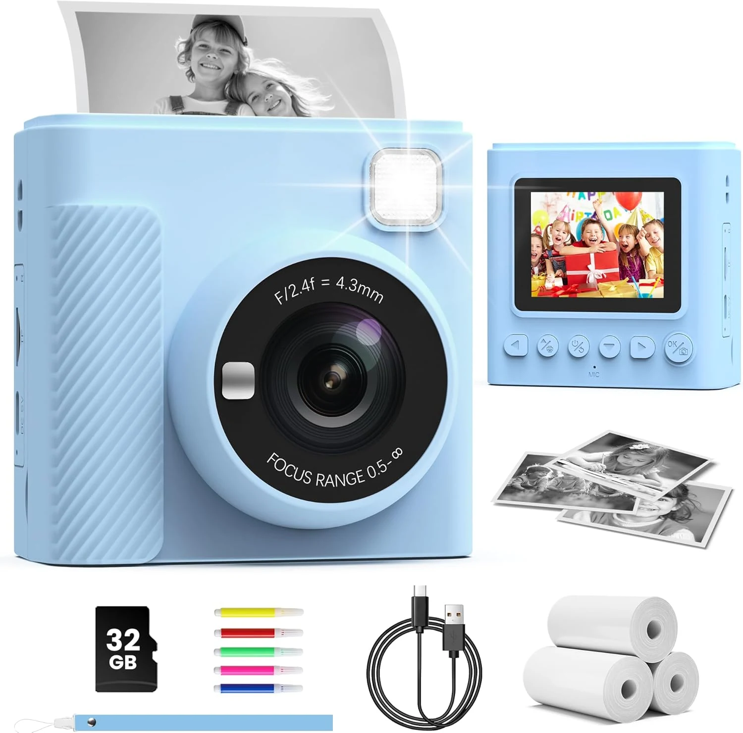 TIATUA Kids Instant Print Camera, 1080P HD Video Digital Kids Camera with Print Paper & 32G Card (Blue)
