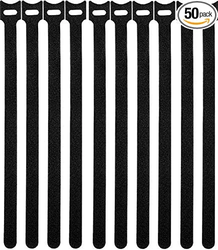 50 Pcs Reusable Fastening Cable Ties, Microfiber Cloth 12 Inch Hook and Loop Cord Ties, Black