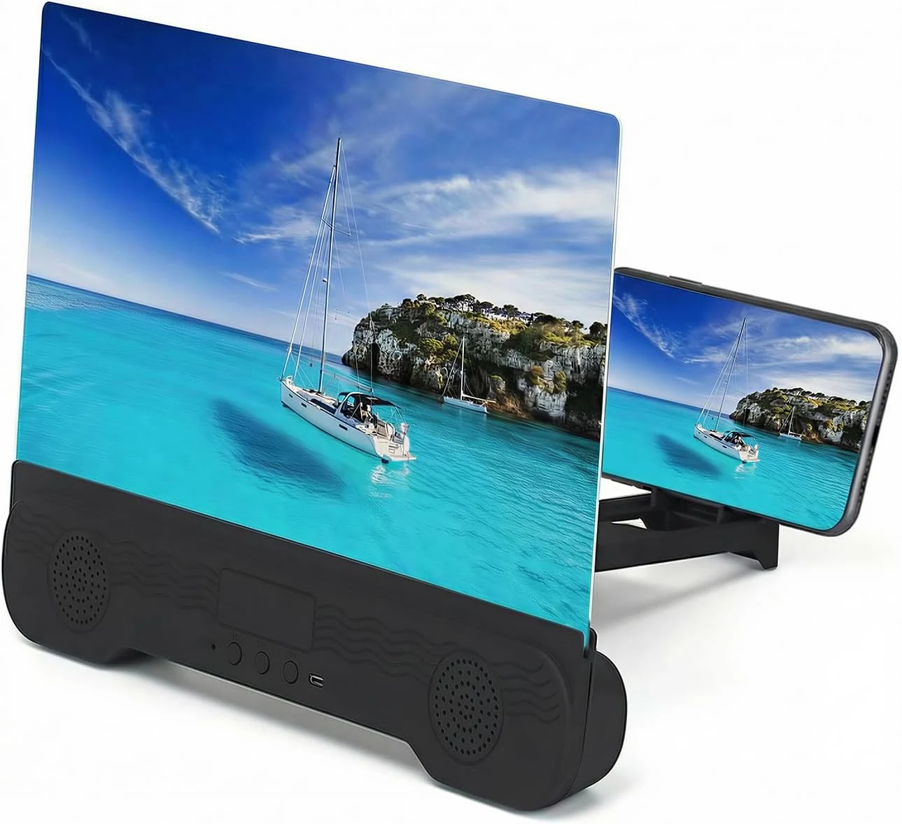 14'' Screen Magnifier for Cell Phone with Bluetooth Speakers,3D Magnifying Projector Screen Enlarger for Movies Videos Games Foldable Stand Holder with HD Screen Amplifier Supports All Smartphones