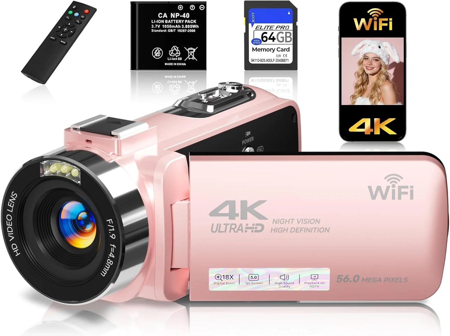 4K Video Camera Camcorder,UHD 56MP Camera Recorder,WiFi Vlogging Cameras for YouTube with IR Night Vision,18X Digital Zoom 3.0''Touch Screen Cam Corder with 64GB Card,Remote Control,Webcam,Pink