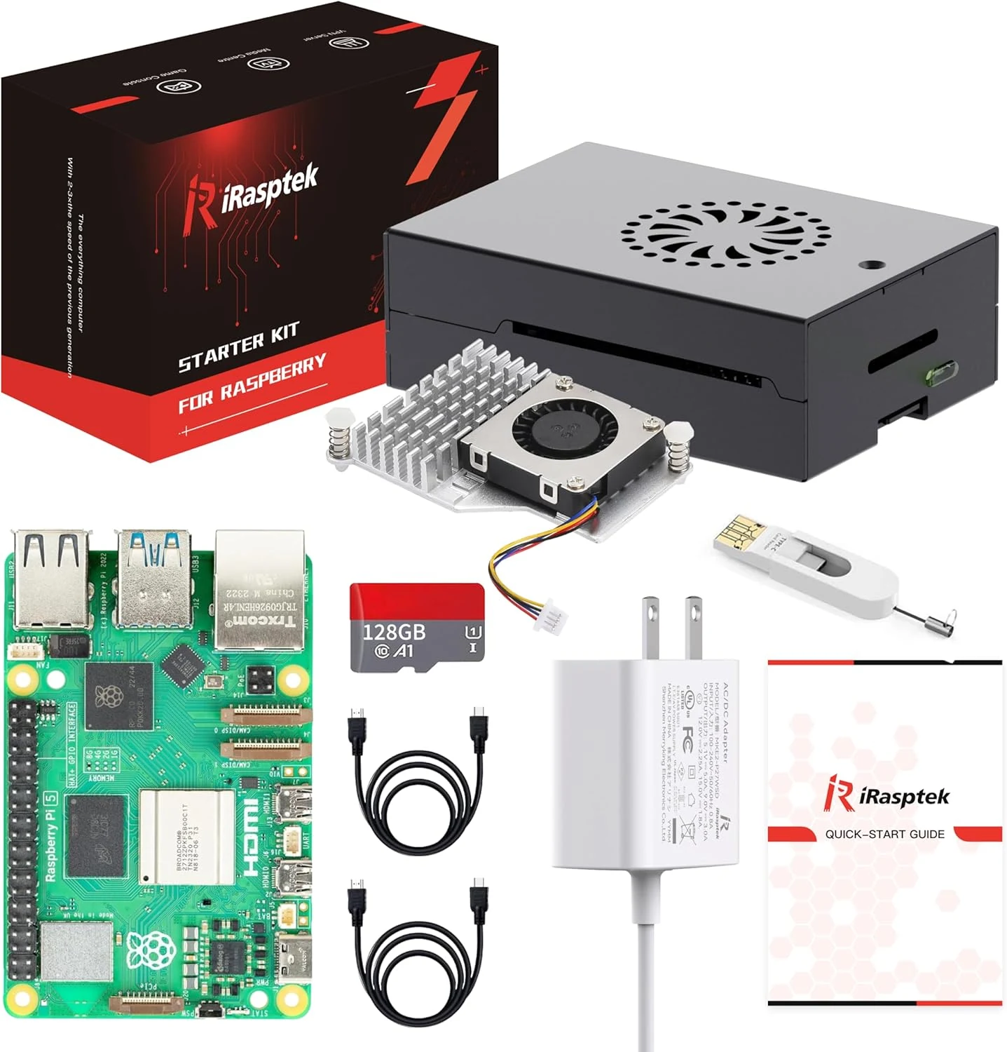 iRasptek Starter Kit for Raspberry Pi 5 RAM 8GB -128GB Edition of OS-Bookworm Pre-Loaded (Aluminum Case)