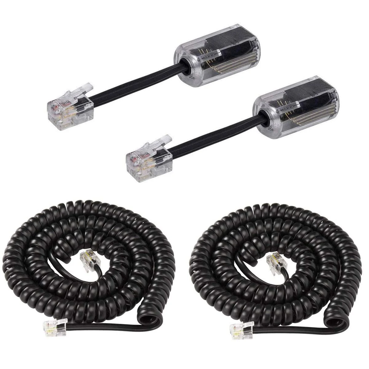 KINXIYU Telephone Handset Cord Detangler 2 Sets, 2 Pack Landline Handset Cord Cable (7.5Ft Uncoiled, 1.5 Ft Coiled) and Anti-Tangle Telephone Cord Untangler with 360° Swivel