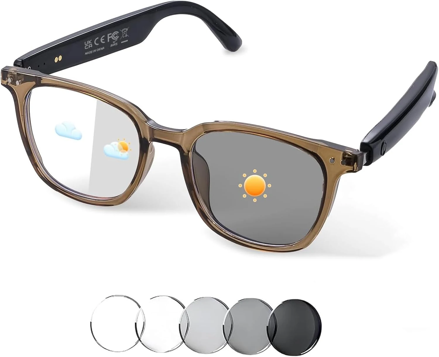 GenXenon GS07-Brown smart glasses with Bluetooth audio and color-changing lenses