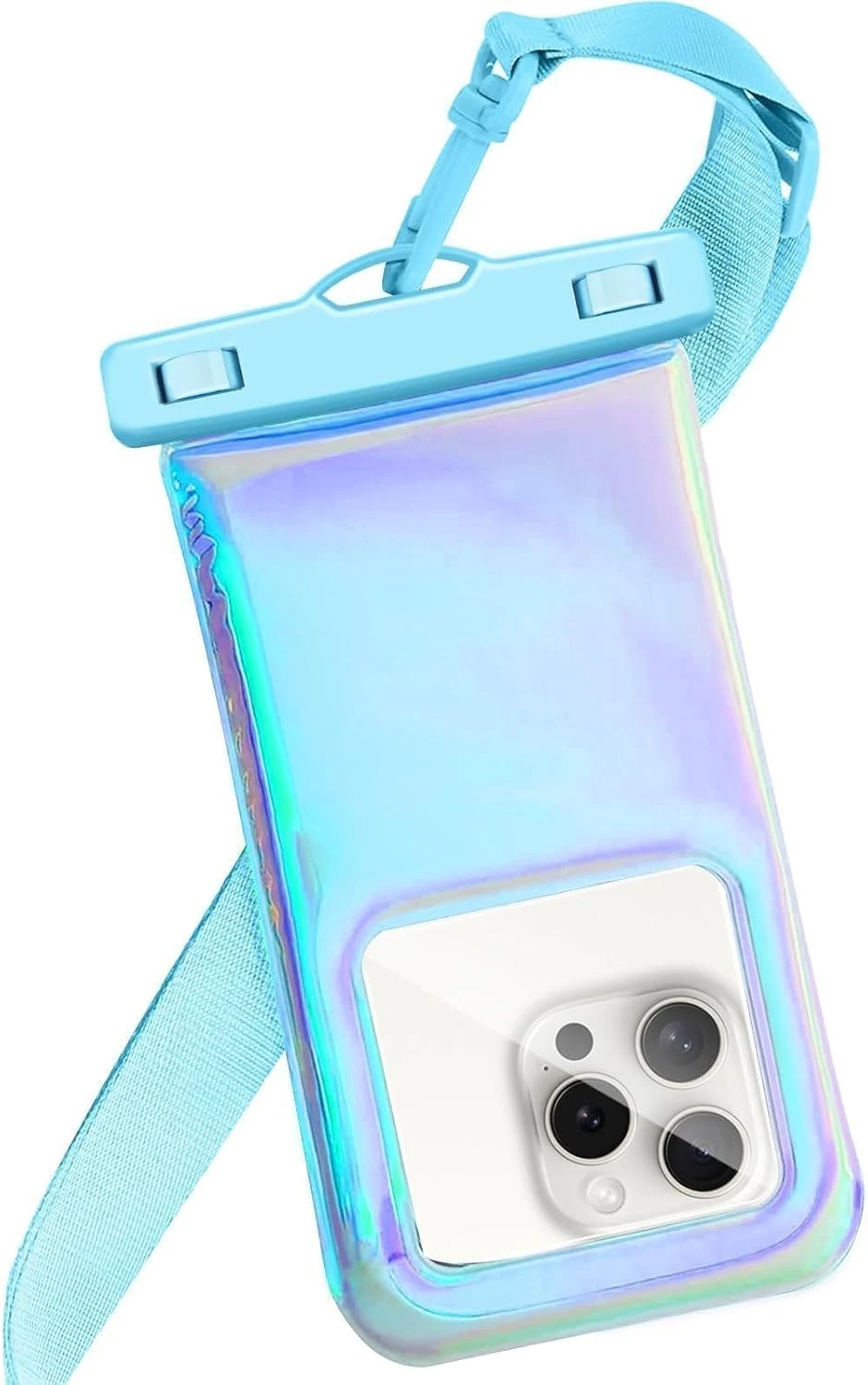 Floatable Soap Bubble Waterproof Phone Pouch/Case with Crossbody Lanyard for iPhone 17 16 Pro Max/15 Pro/14/13/12, Iridescent Blue