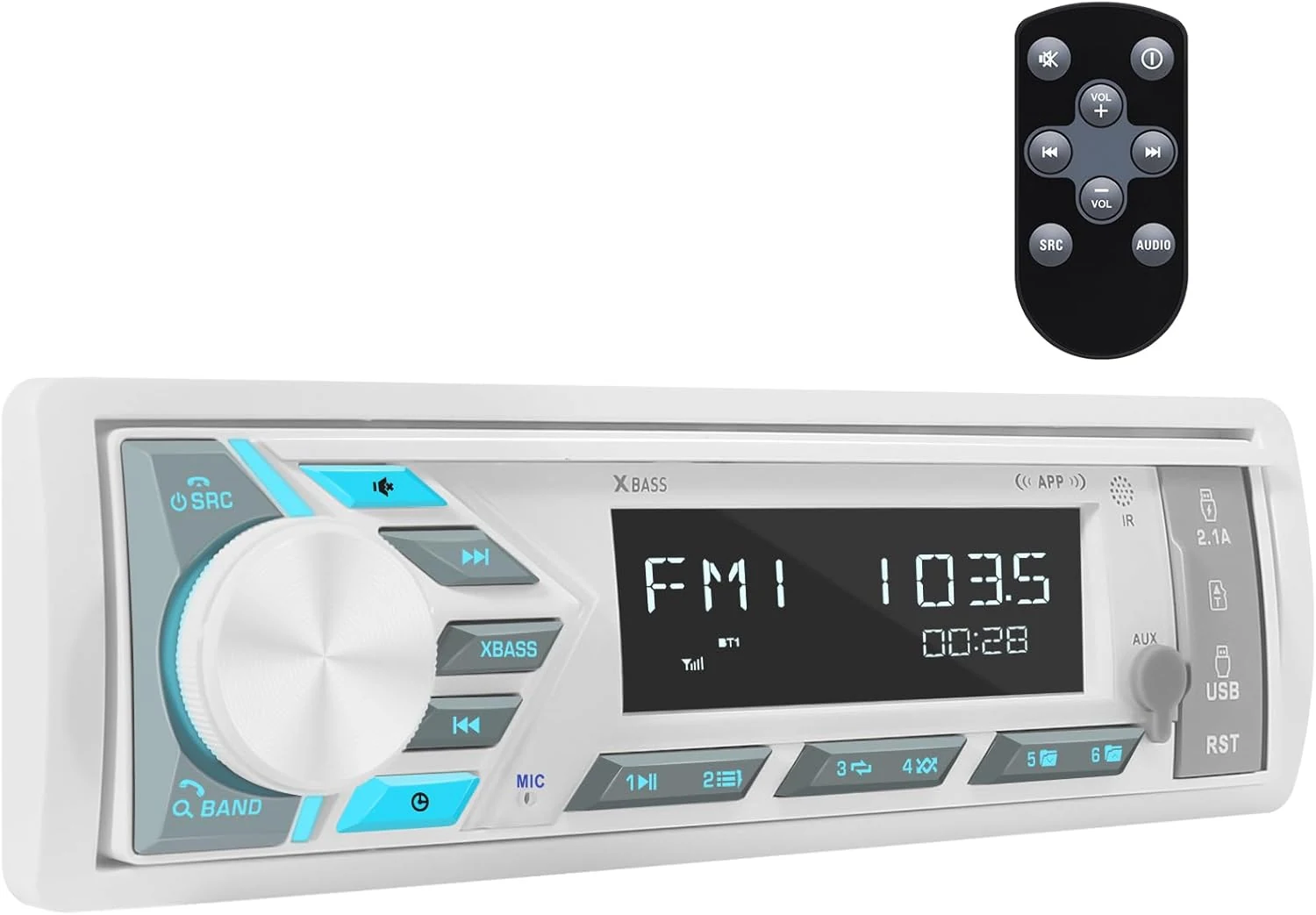 DOVOX Single Din Marine Stereo Receiver with Bluetooth, Push-to-Talk, USB Charging and RCA Pre-Outs