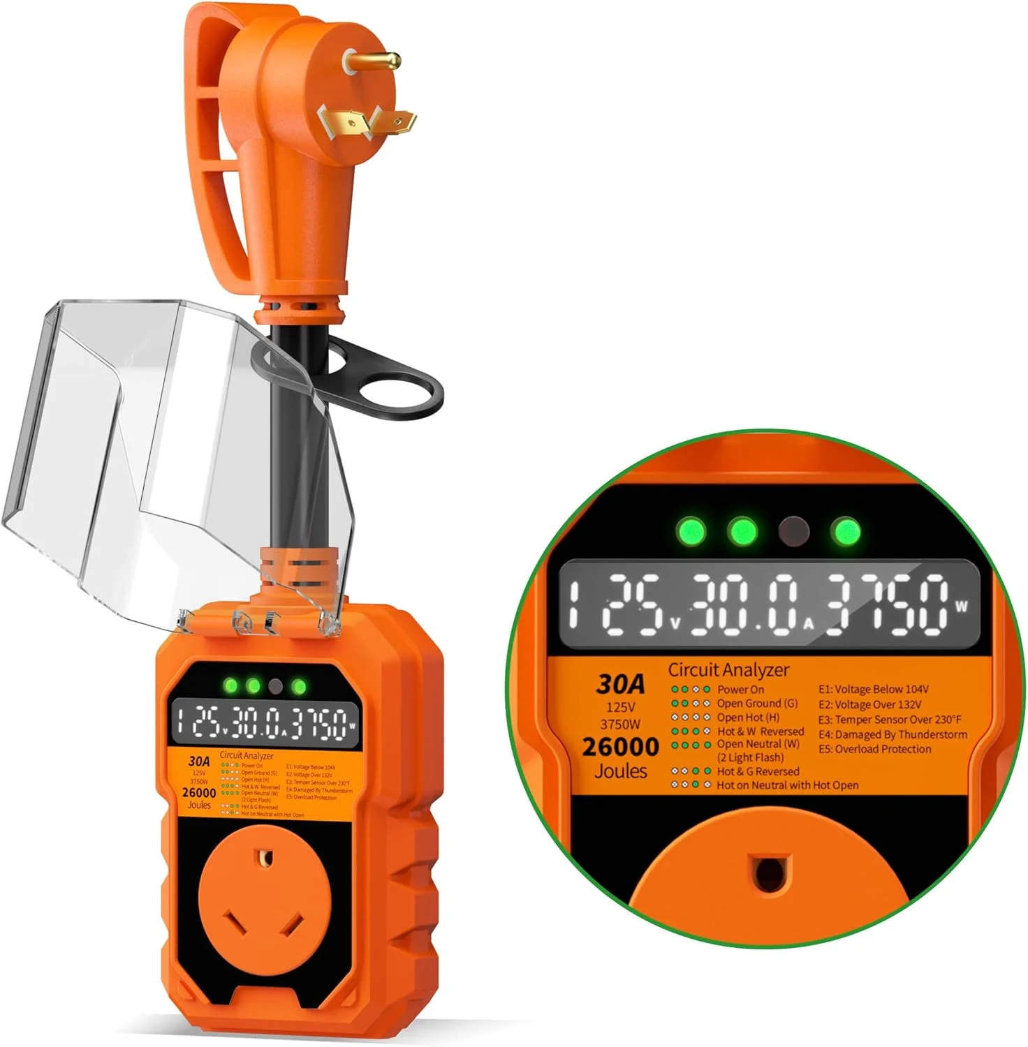 POWGRN 26000J RV Surge Protector 30 Amp, Auto Shutoff & Reset Voltage & Temperature, LED Display Real-Time Circuit Analyzer, RV Adapter Plug for Camper Travel Trailers