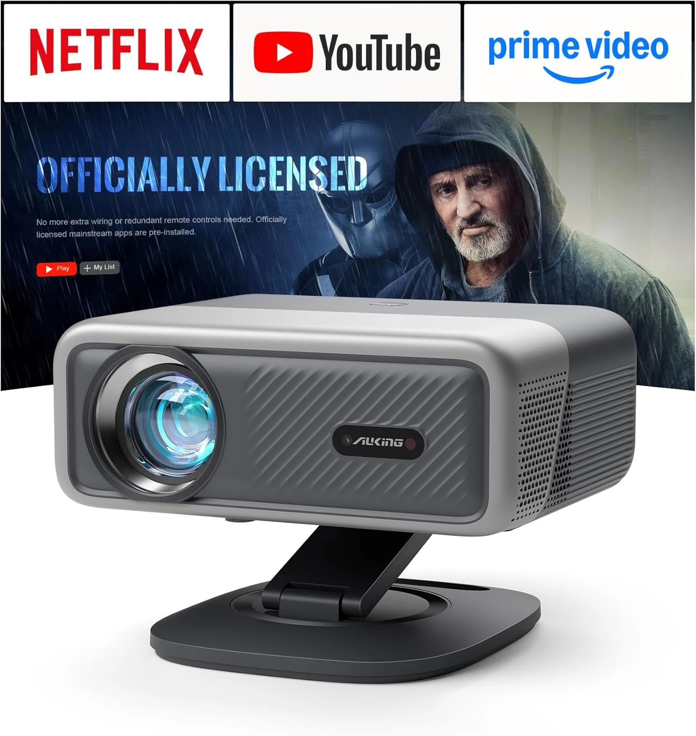 [Now with Netflix & 4000 ANSI] 4K Projector with WiFi and Bluetooth,TOF Real-Time Auto Focus Projector, AuKing Outdoor Movie Home Proyector with Omni-Adjustable Stand(silver grey)