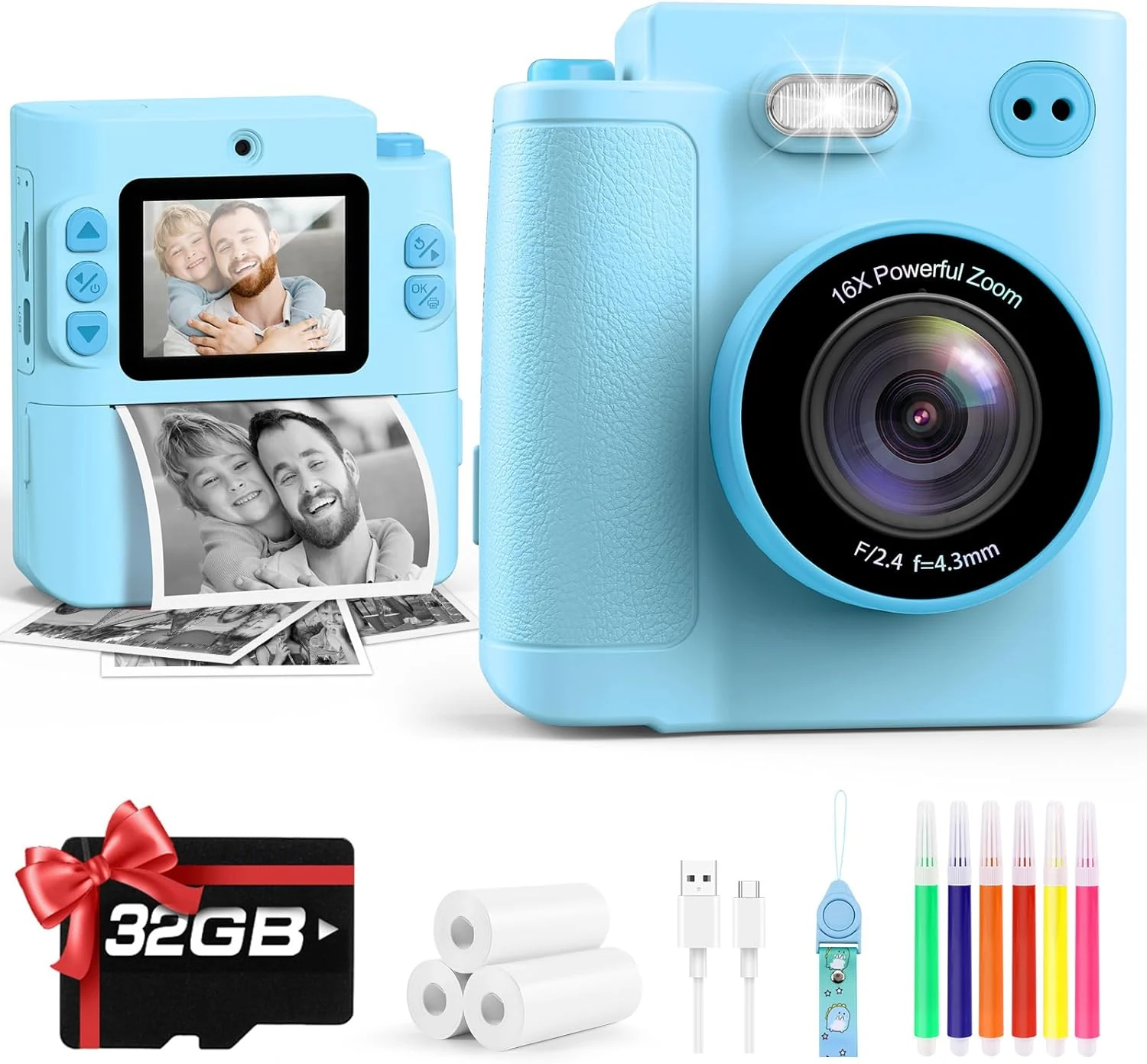 Camera for Kids Instant Print: Toys for Boys Girls Digital Camera that Prints Photos Dual Lens (Blue)