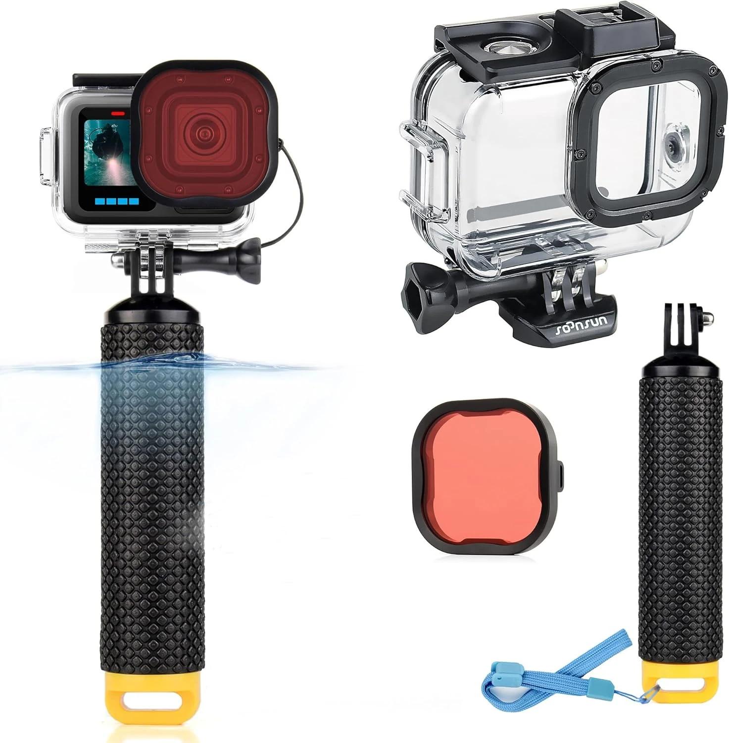 SOONSUN Waterproof Case with Floating Hand Grip for GoPro Hero 13/12/11/10/9 Black