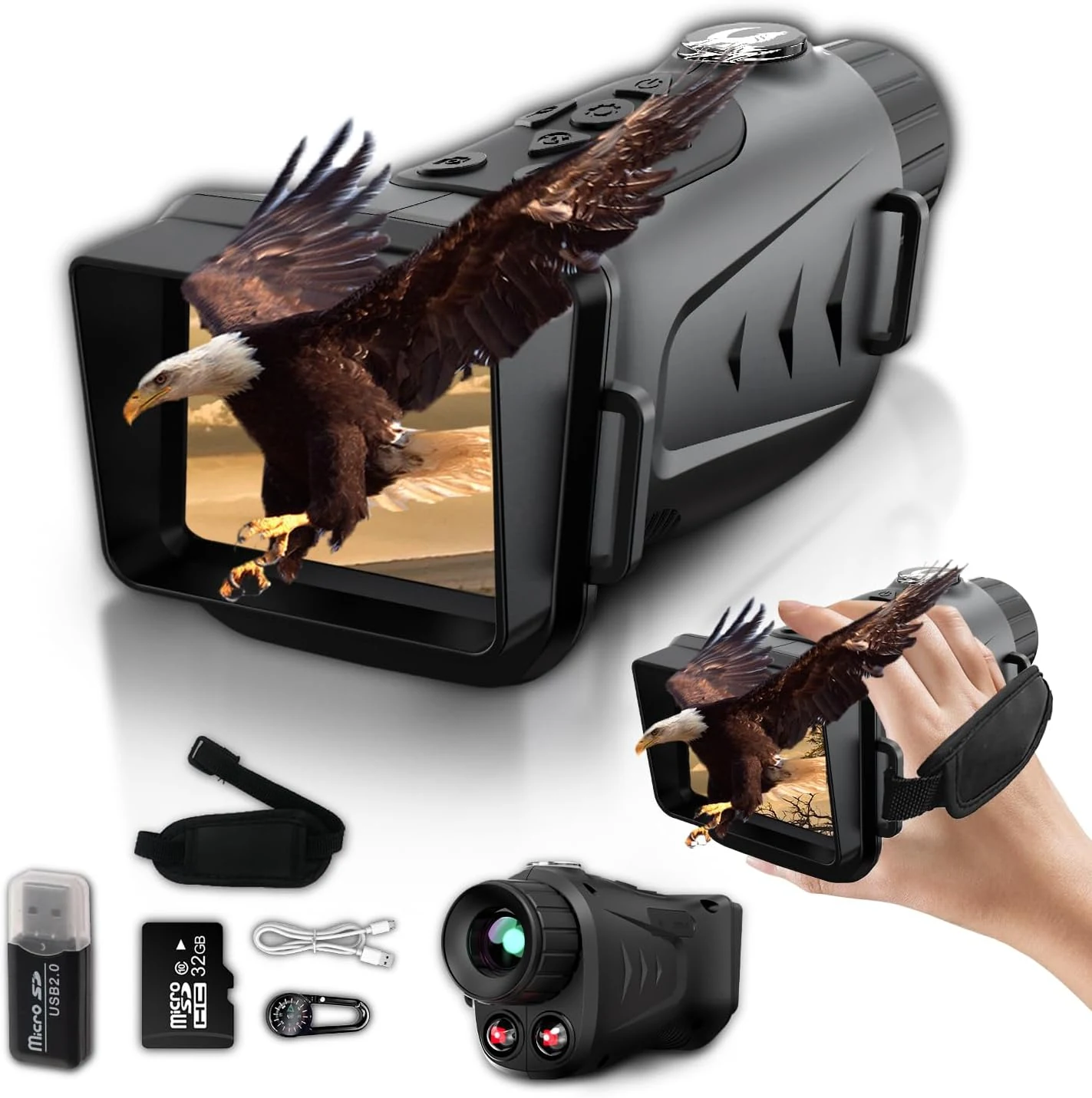 Portable 4K Night Vision Monocular, 66MP Image Infrared Monocular with Dual IR, 3000mAh Rechargeable Battery, 32GB SD Card+ Card Reader Included, for Camping, Wildlife Observation& Security