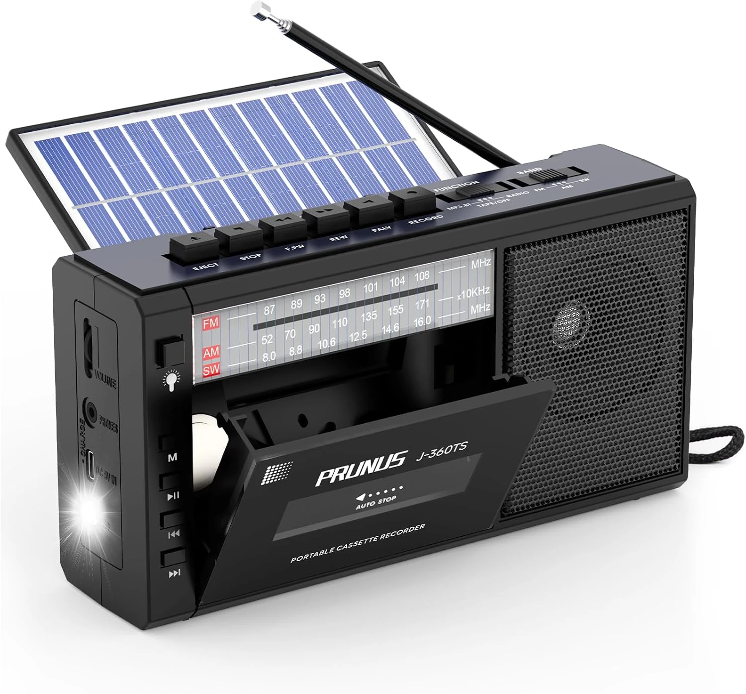 PRUNUS J-360 Cassette Tape Player Boombox with Solar/Rechargeable Battery Operated, AM/FM Portable Radio