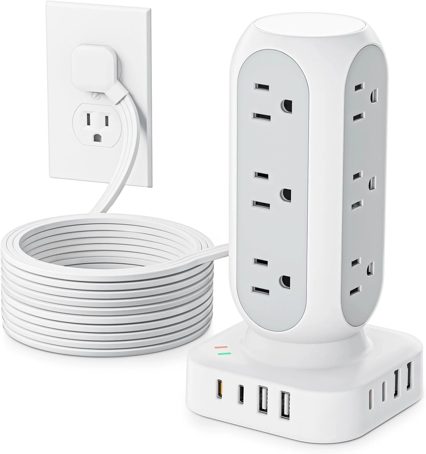 TenTrend Flat Plug Power Strip Tower 10FT, 40W Total Fast Charging Station