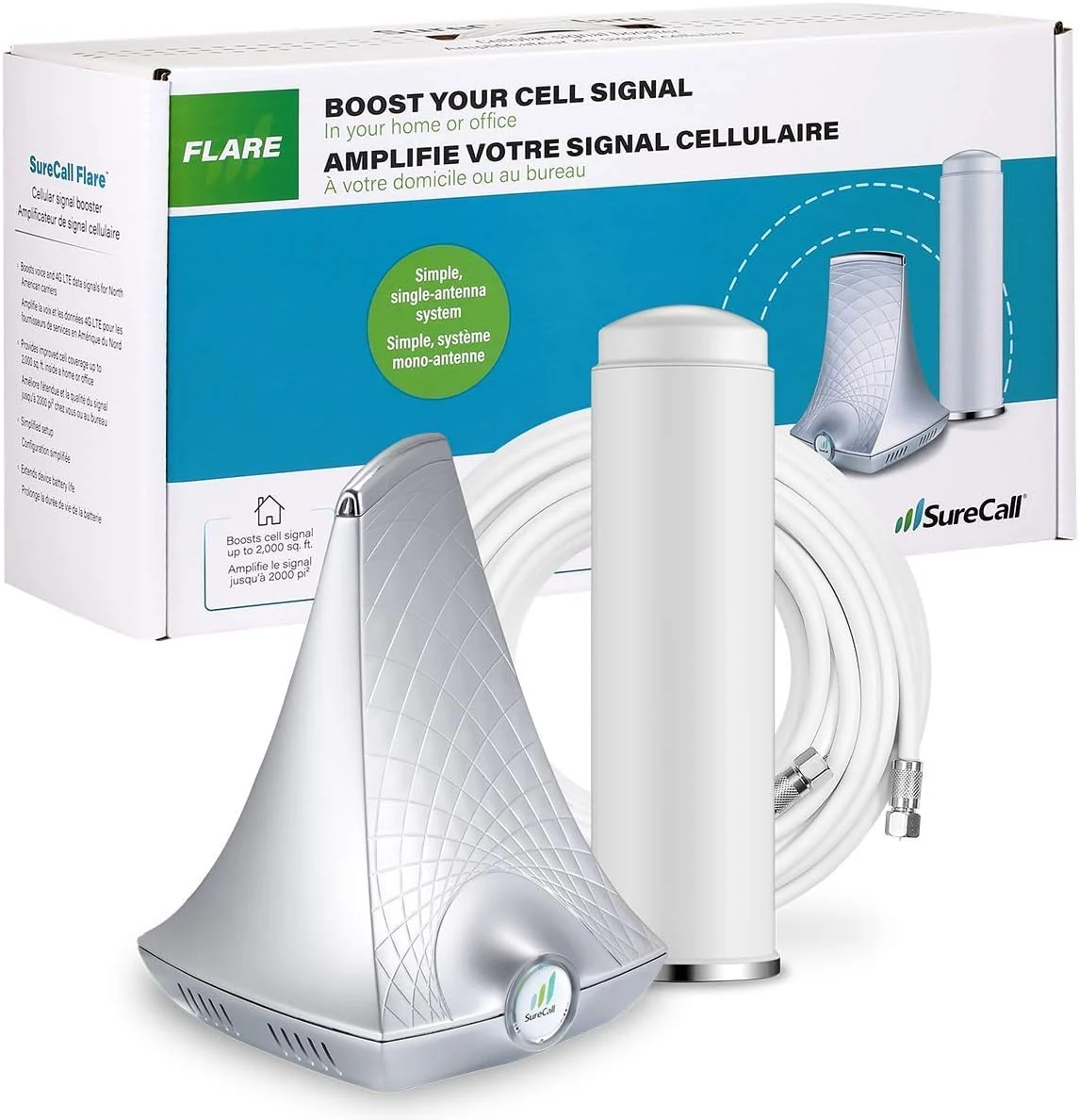 SureCall Flare Cell Signal Booster for Working from Home up to 2500 sq ft, Boosts 5G/4G LTE, Omni Outdoor Antenna, Multi-User All Carrier, Verizon AT&T Sprint T-Mobile
