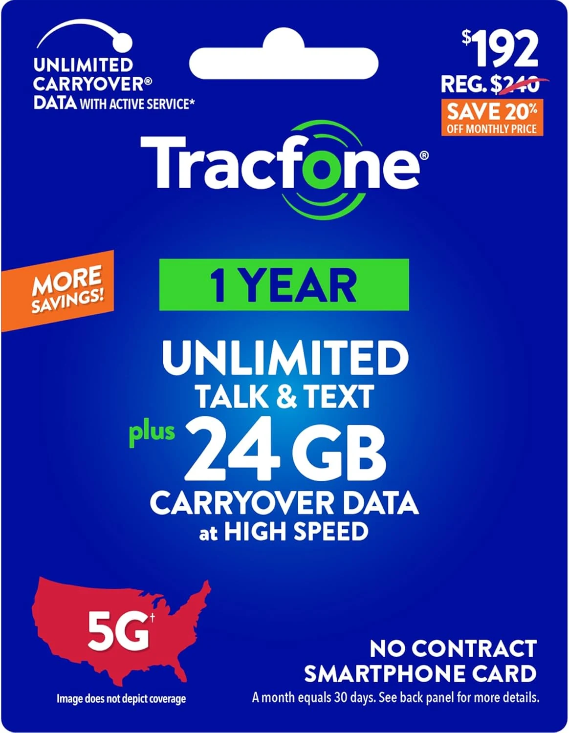 Tracfone $192 Unlimited Talk & Text Plus 24 GB of Data Annual Prepaid Plan (Physical Delivery)