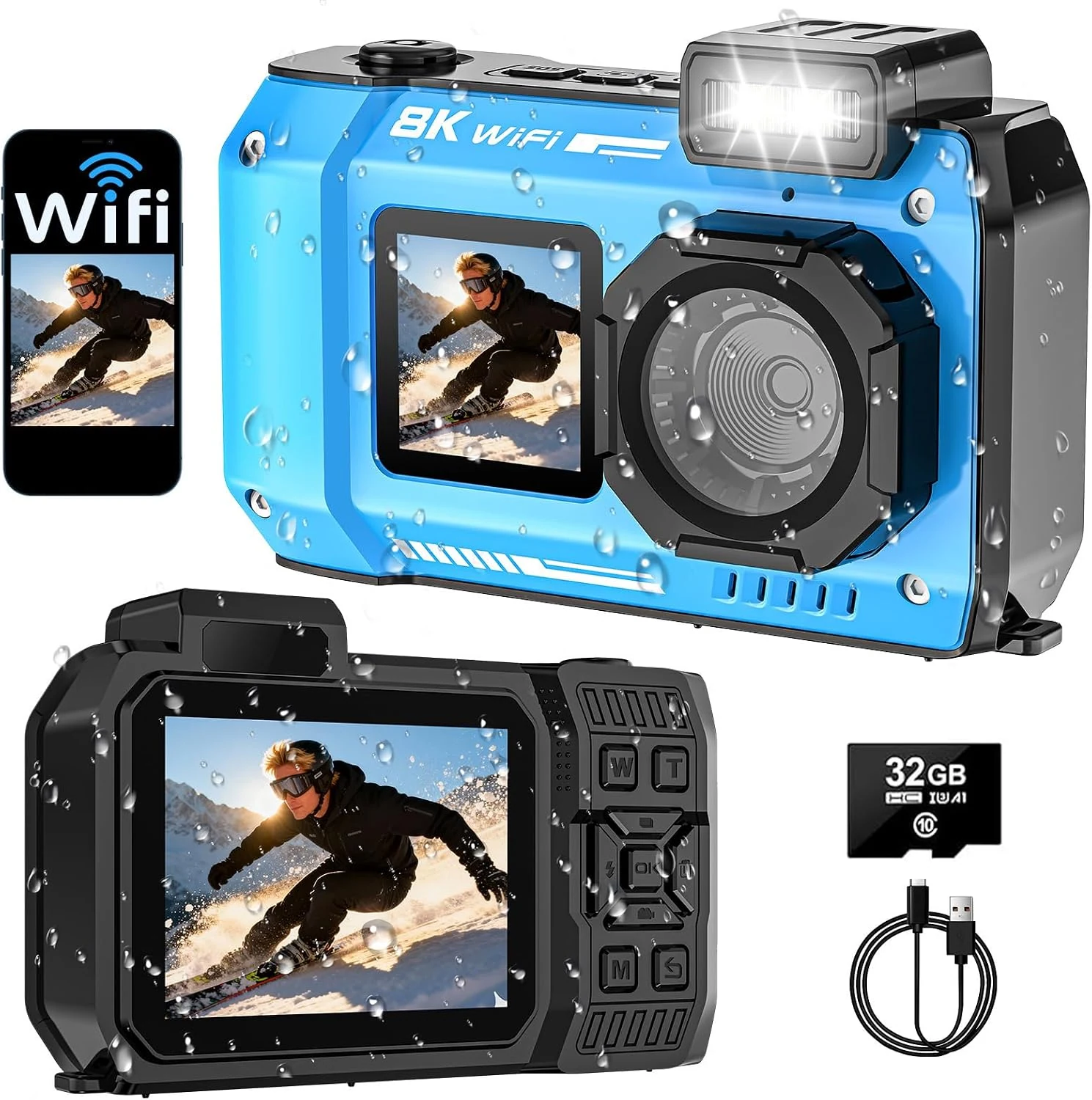 SPUNALP UHD 8K Underwater Camera, 70MP 33FT WiFi Waterproof Digital Camera