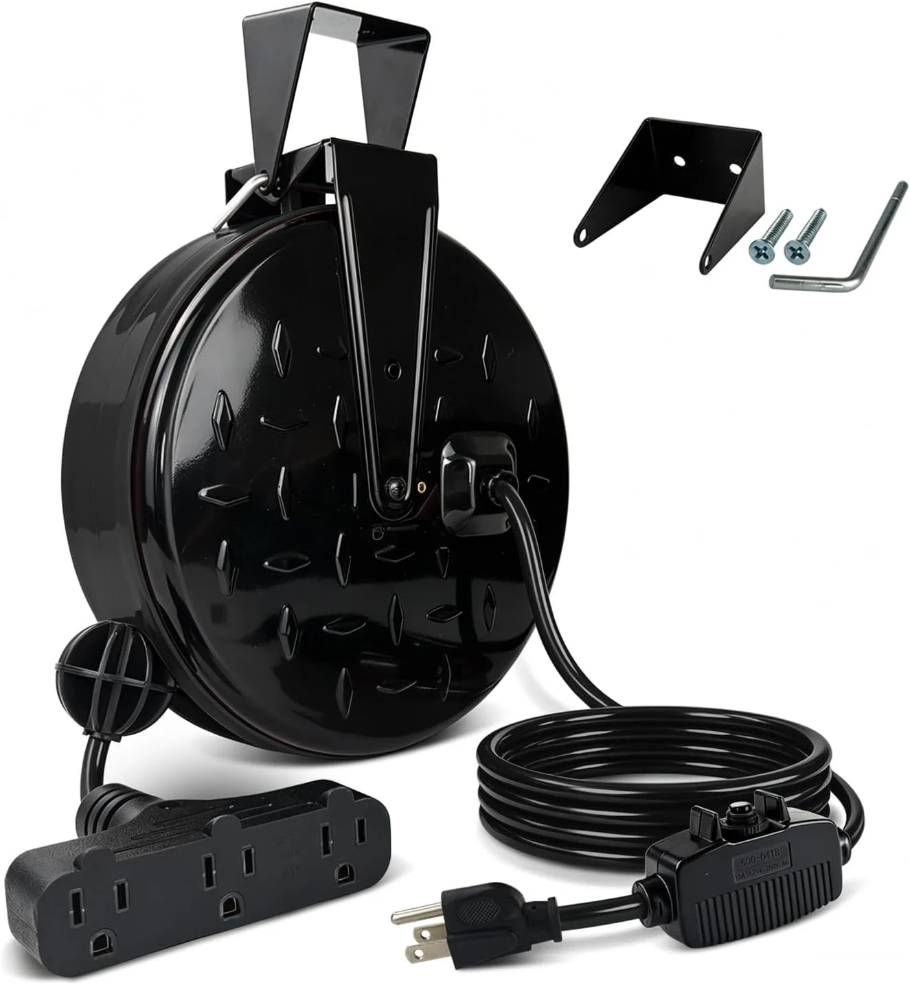 EP 30 Ft Retractable Extension Cord Reel, 16/3 SJTW Power Cord with 3 Electrical Outlets, Ceiling or Wall Mount, 10 Amp Circuit Breaker, Metal Plate, Black