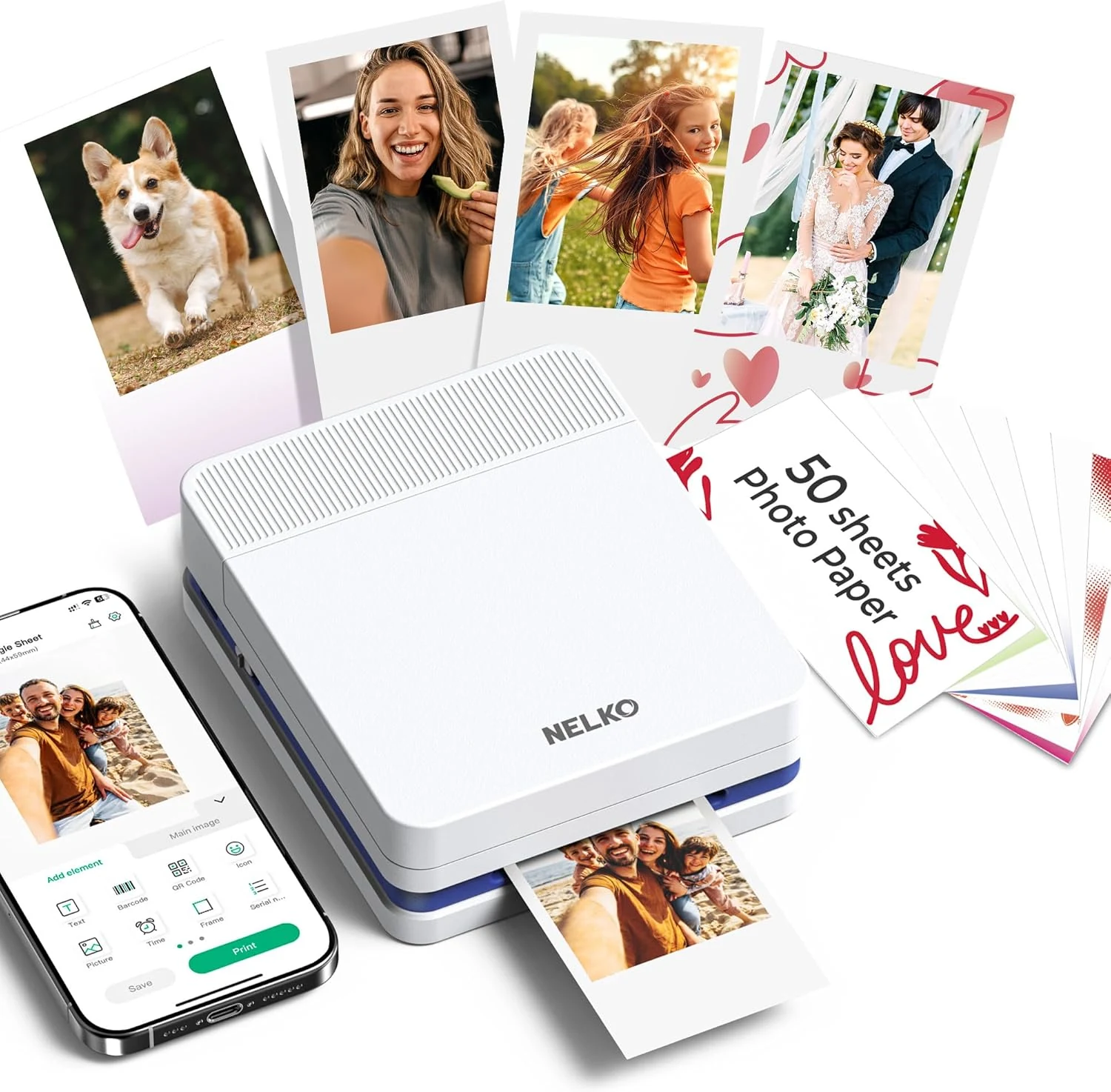 Nelko Portable Photo Printer, PP03 Color Mini Photo Printer for iPhone & Android, with 50 Sheets of Photo Paper, Bluetooth Picture Printer for Christmas, Family, Travel, White