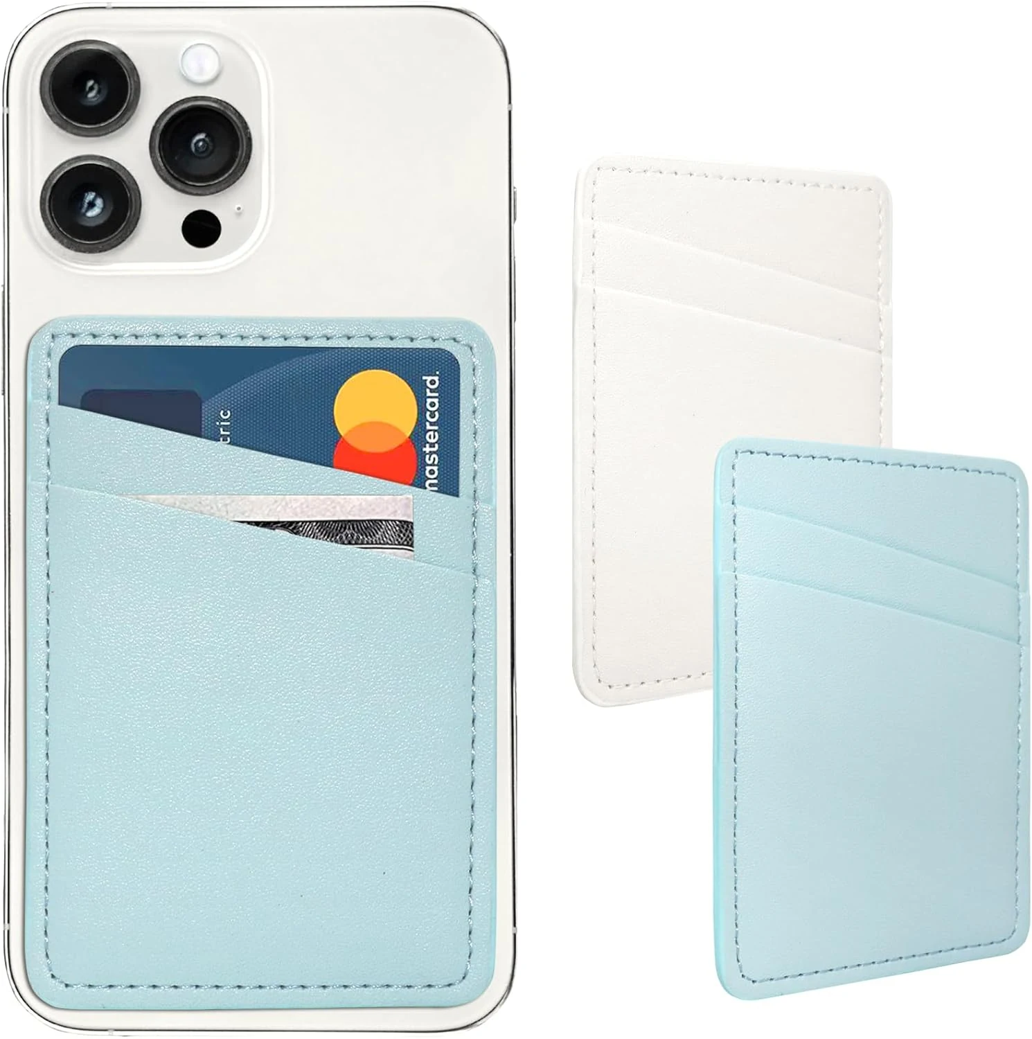 Limvory Phone Wallet Stick On, Leather Phone Card Holder, Credit Card Holder for Phone Case Compatible with iPhone, Samsung and Android - White, Blue