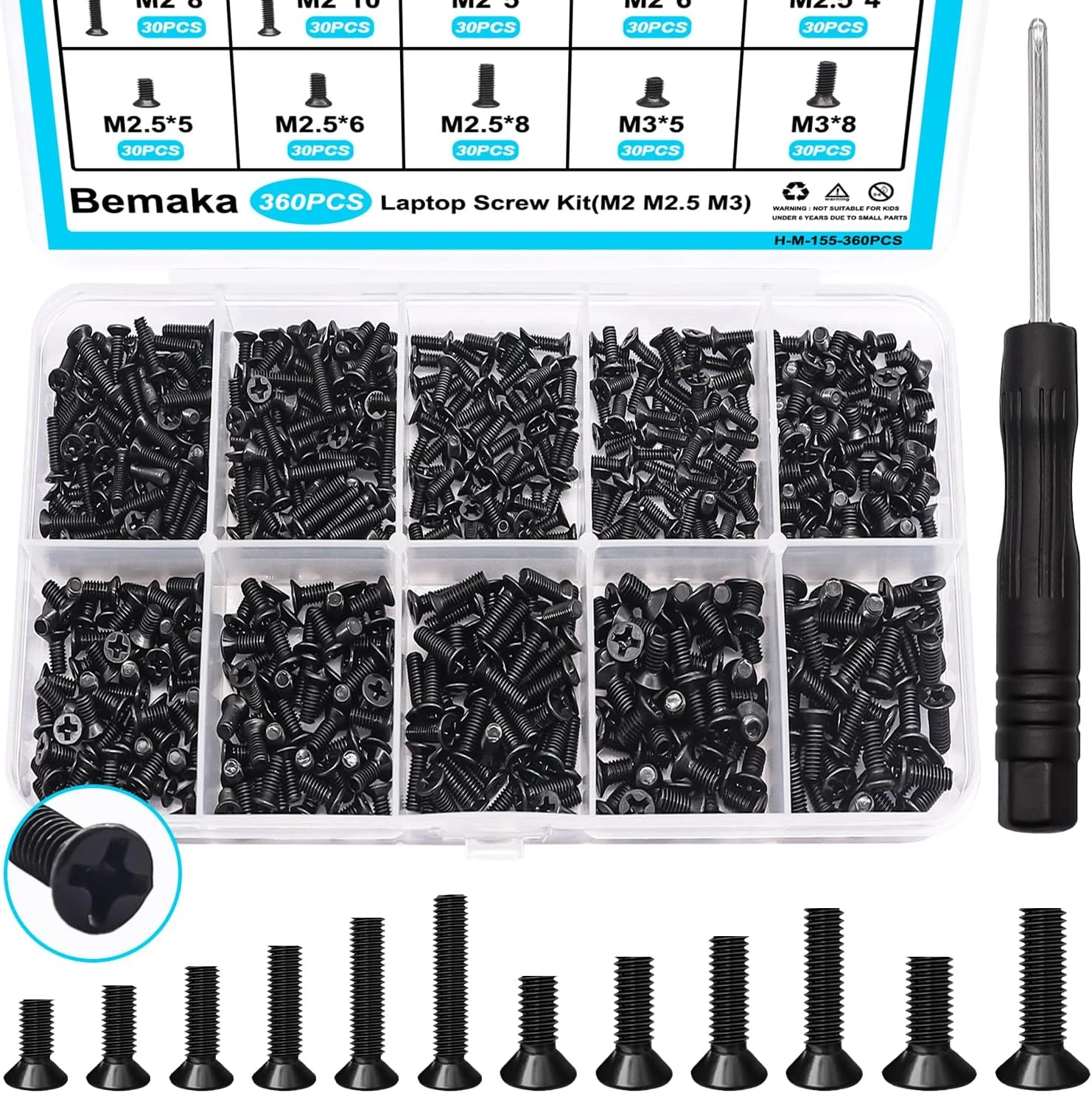 Bemaka 360Pcs Laptop Screws Notebook Computer Tiny Screw Kit (12 Sizes M2/M2.5/M3)