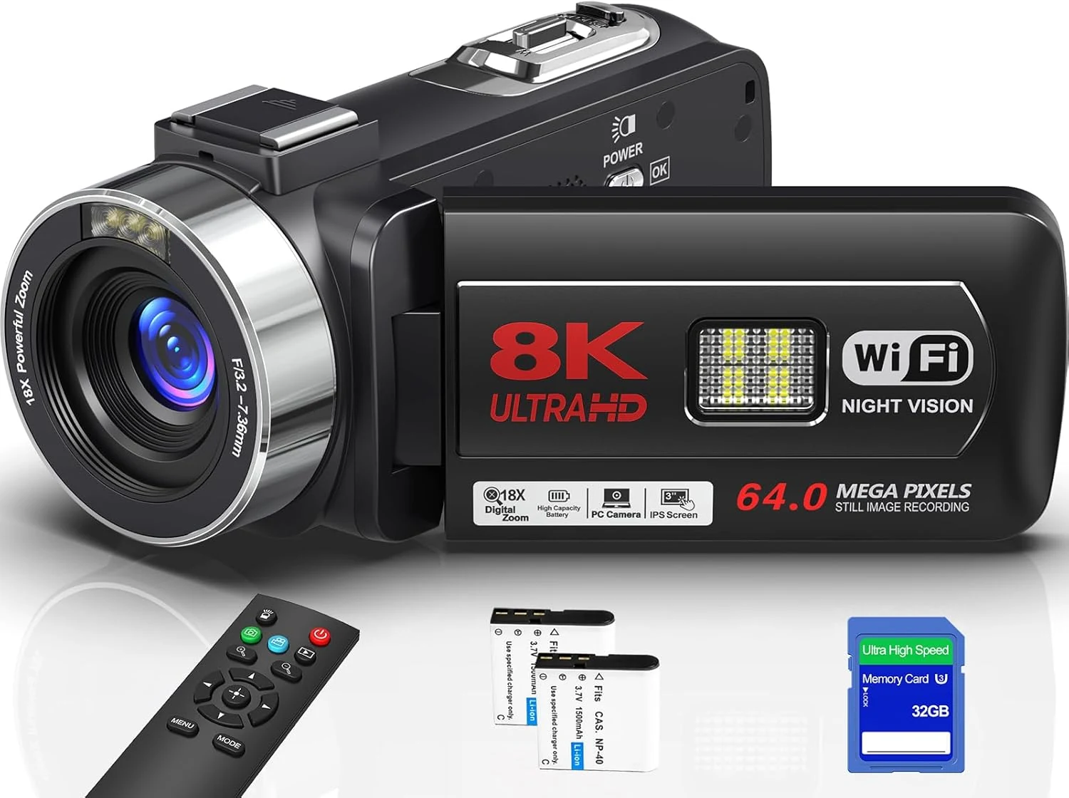 8K Video Camera 64MP Camcorder IR Night Vision Vlogging Camera, 18X Zoom WiFi Digital Touch Screen Camcorder for YouTube with 32GB SD Card, Remote Control, and Two Batteries