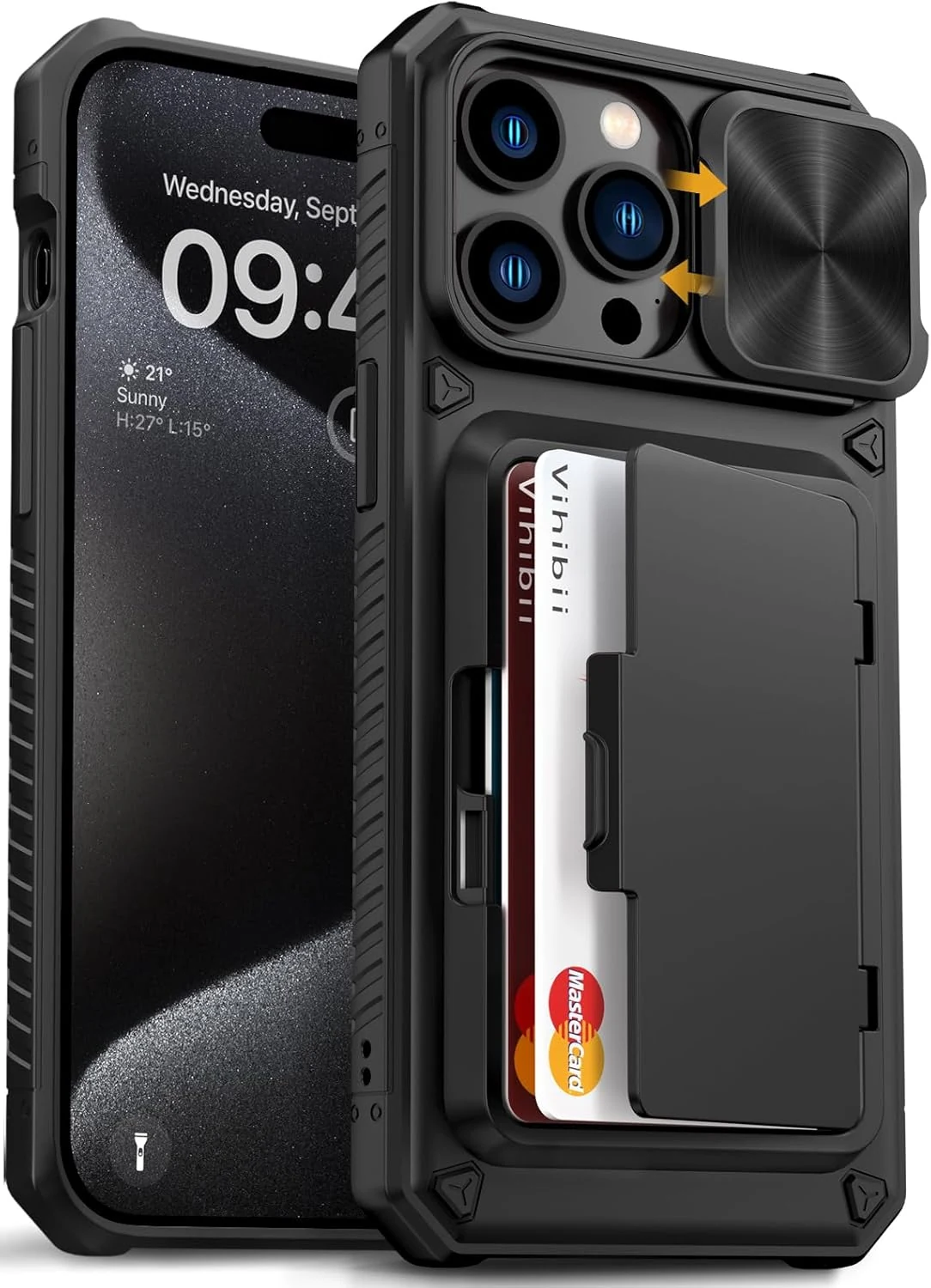 Vihibii for iPhone 15 Pro Max Case with Card Holder (4 Cards) & Slide Camera Cover & Kickstand