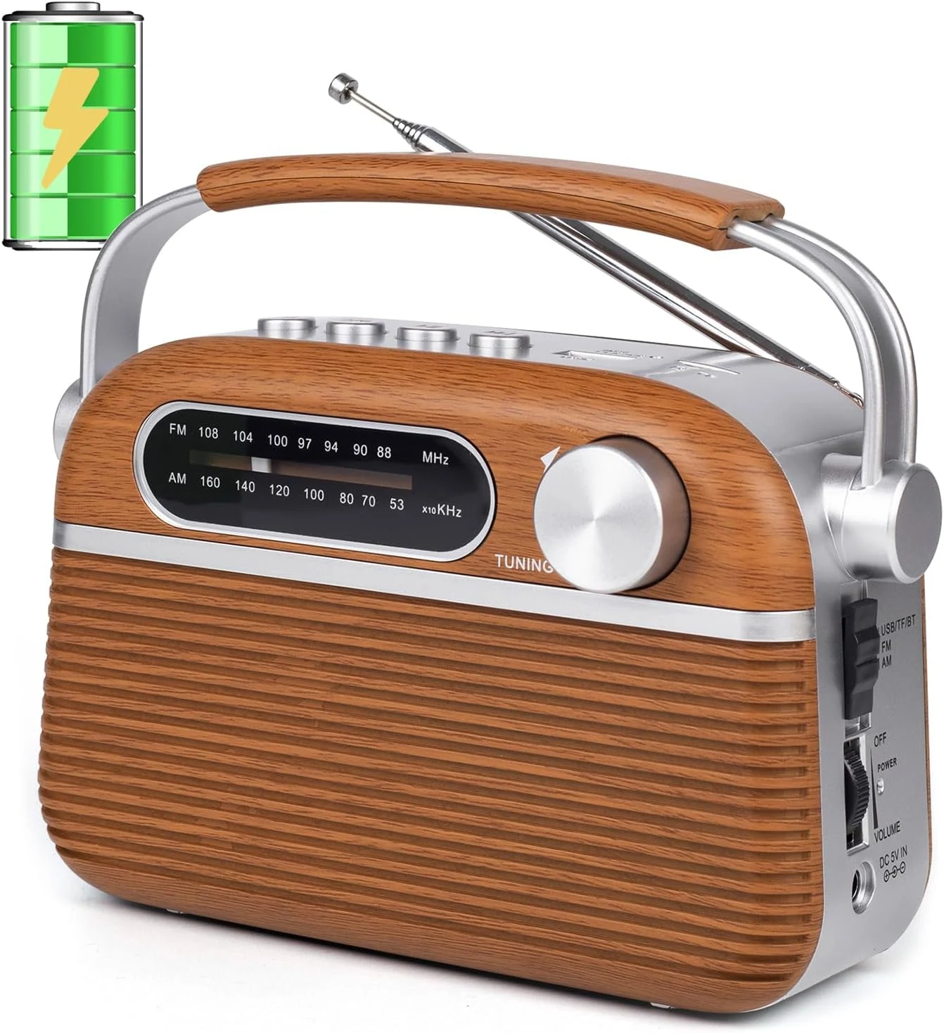Retro AM FM Analog Radio Bluetooth Speak Plug in Wall, AC Power or Rechargeable or Battery Operated Vintage Transistor with Loud Speaker, Support TF Card USB Player