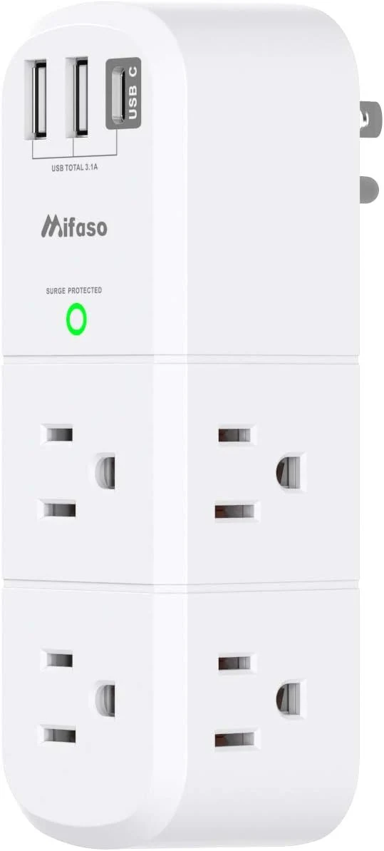 Mifaso rotating plug surge protector outlet extender (6 AC + 3 USB, 1800J)