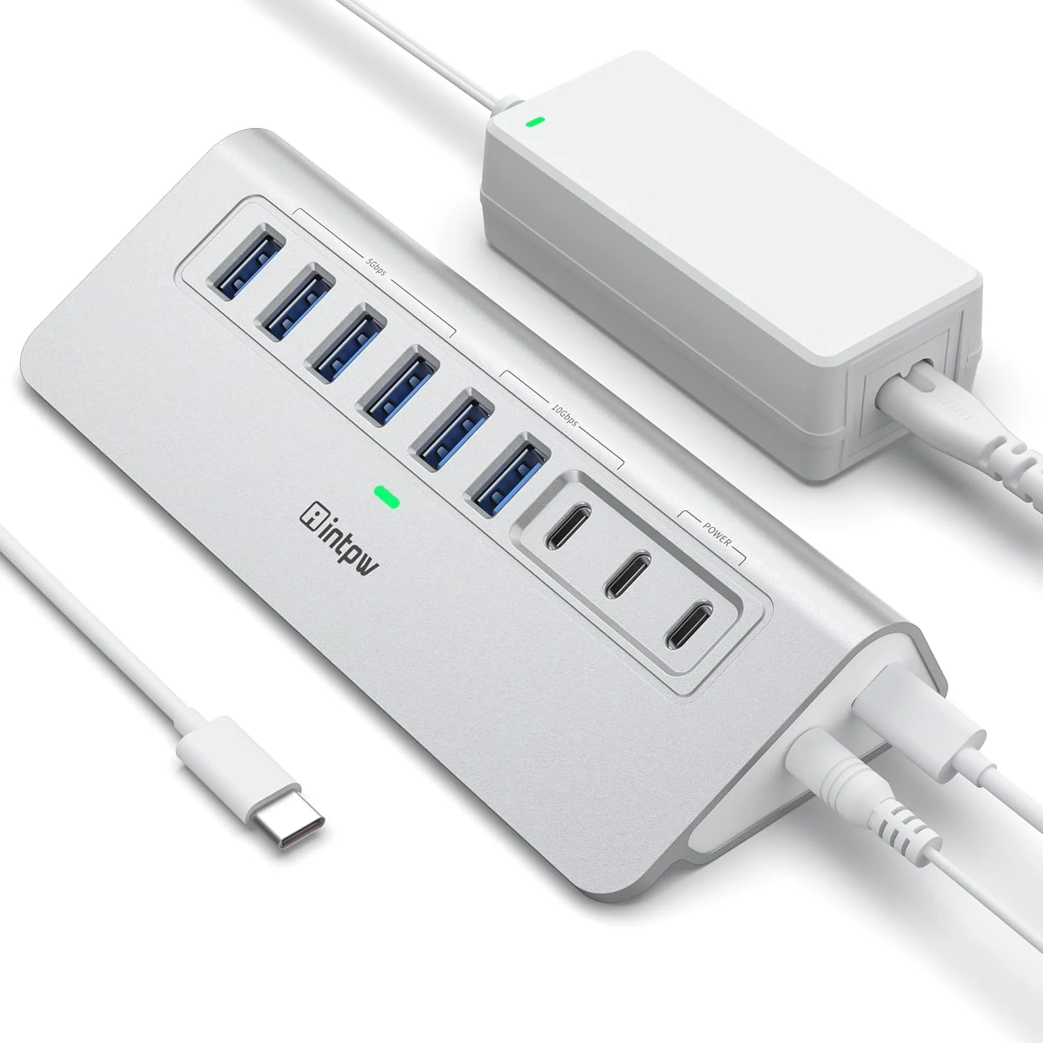 intpw 9-Port USB 3.2 Powered Hub with 10Gbps and Dual USB-C PD 45W