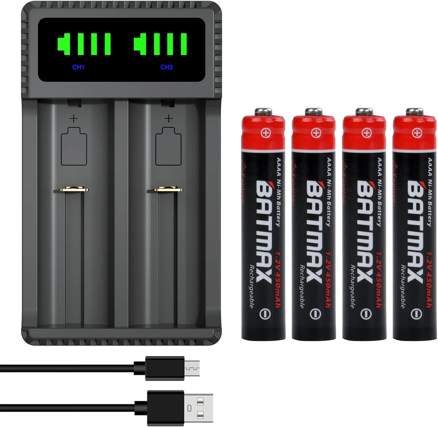 Batmax 4X AAAA Ni-MH Rechargeable Batteries + LED Dual USB Charger with Type C Port for Surface Pen Active Stylus and More