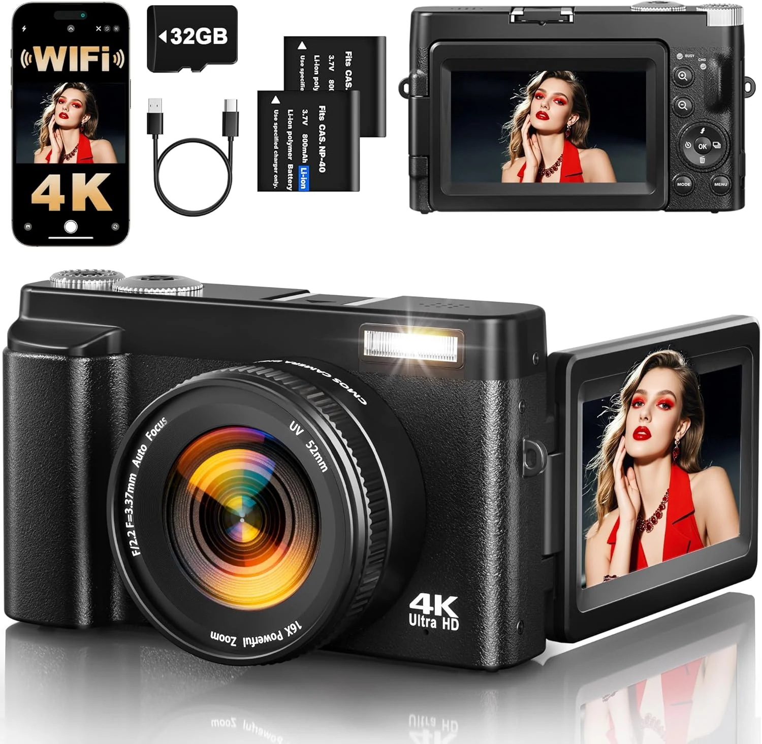 4K Digital Camera for Photography, 64MP Autofocus WiFi Vlogging Camera with 3'' 180° Flip Screen