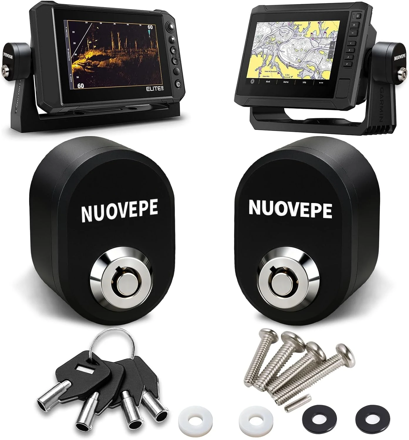 Aluminum Fish Finder Lock 2 Pack, Oval Fishing Graph Security Hardware for Gimbal Mount, Anti-Theft Marine GPS Unit Protection Compatible with Garmin, Lowrance, Humminbird (Black)