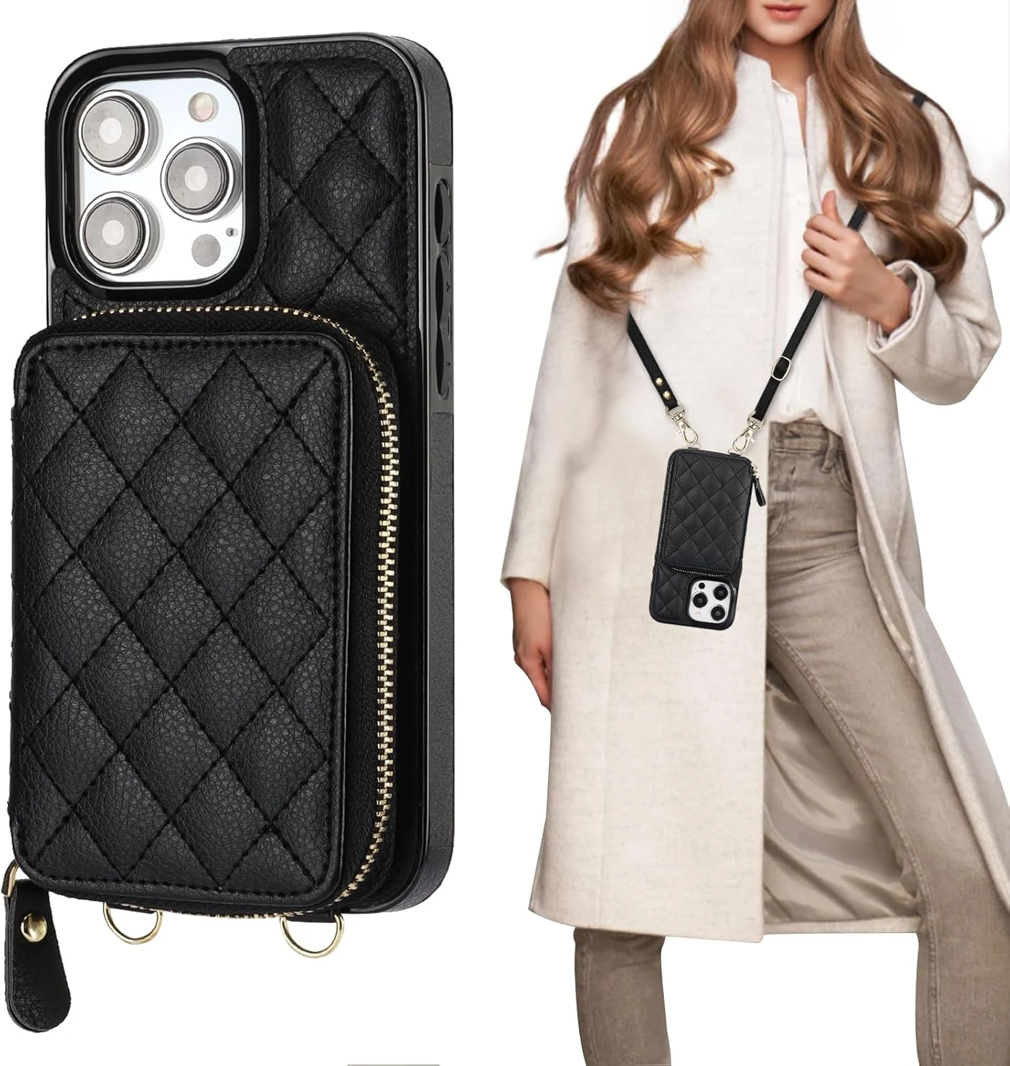 Bocasal Crossbody Wallet Case for iPhone 15 Pro Max, RFID Blocking PU Leather Zipper Handbag Purse Flip Cover, Kickstand Folio Case with Card Slots Holder Wrist Strap Lanyard 5G 6.7 Inch (Black)