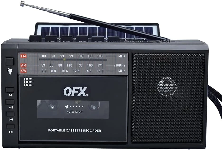 Cassette Player Recorder Boombox with Bluetooth and Solar Panel - AM/FM/SW Radio, USB/TF Card, Earphone Jack, Built-in Mic, LED Light - Portable Retro Tape Player - Black - QFX