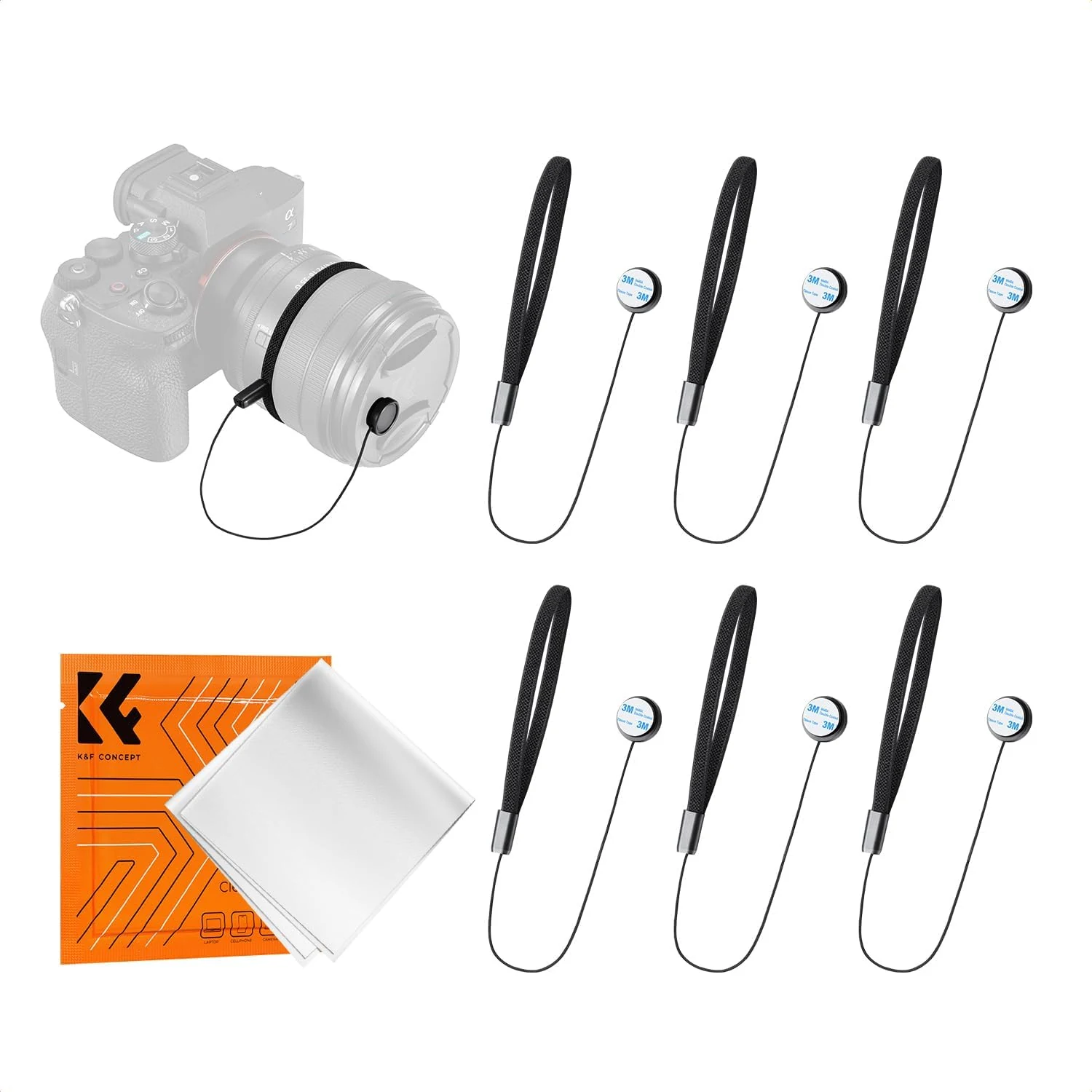 K&F CONCEPT 6 Pack Lens Cap Keeper, Camera Lens Cap Leash with Elastic Loop & Microfiber Cleaning Cloth Kit