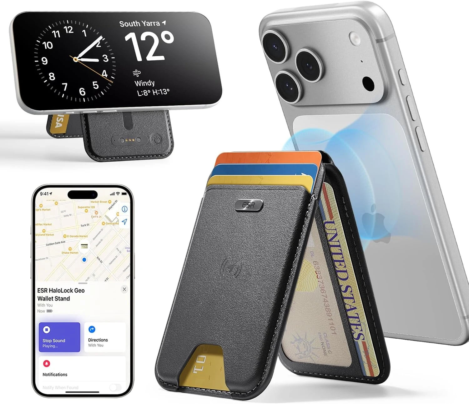 ESR Geo for MagSafe Wallet with Full Find My Functionality, 5 Card Holder, RFID Blocking, Adjustable Stand
