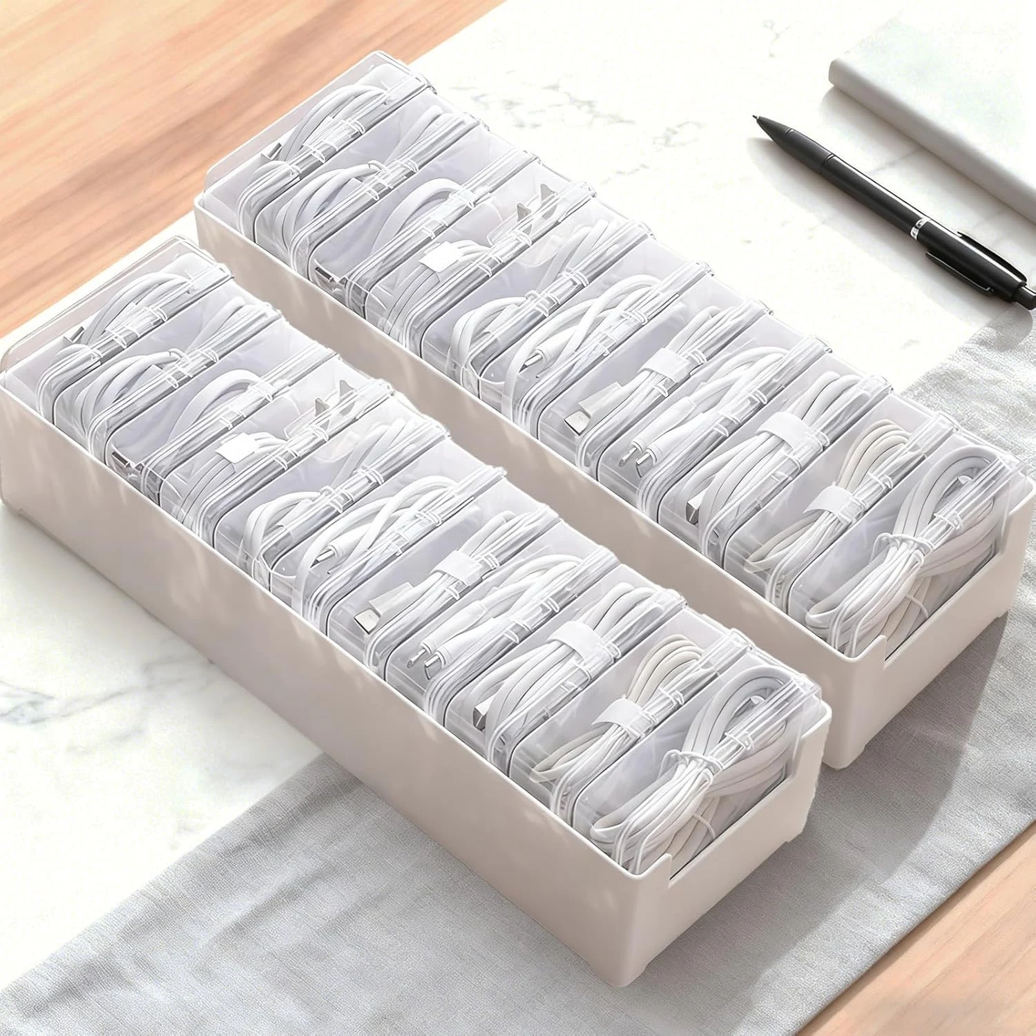 2 Pcs 11 Box Cable Organizer Storage Box, Desktop Cable Management with Switch, Power Cord Organizer for Office, Home, Desk Accessories Storage Stationery Supplies and Accessories (Clear)