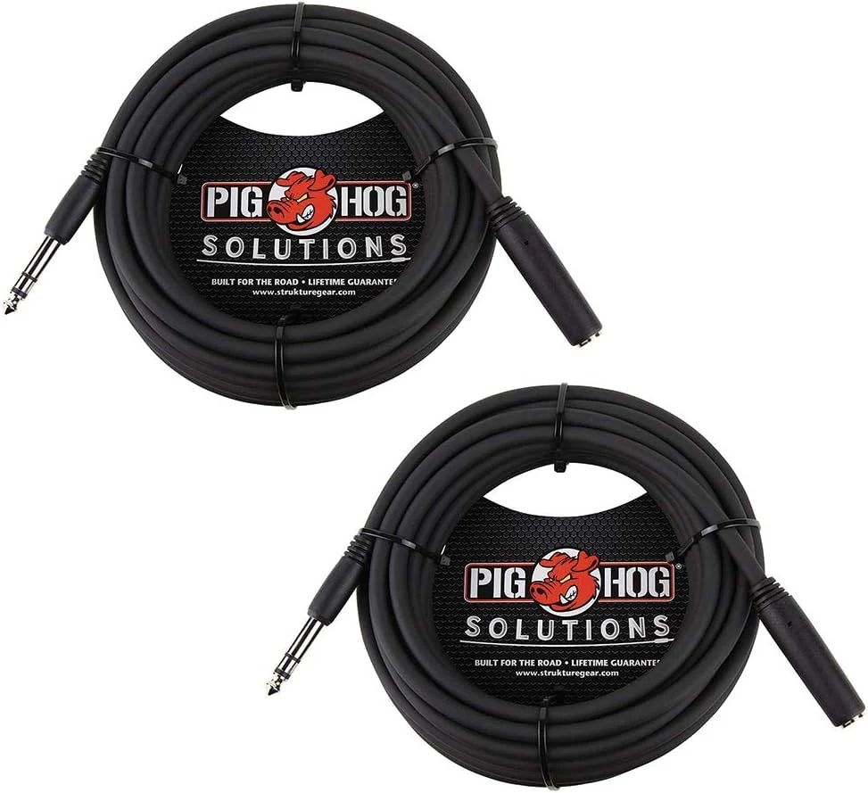 Pig Hog PHX14-25 1/4" TRSF to 1/4" TRSM Headphone Extension Cable, 25 Feet (2-Pack)