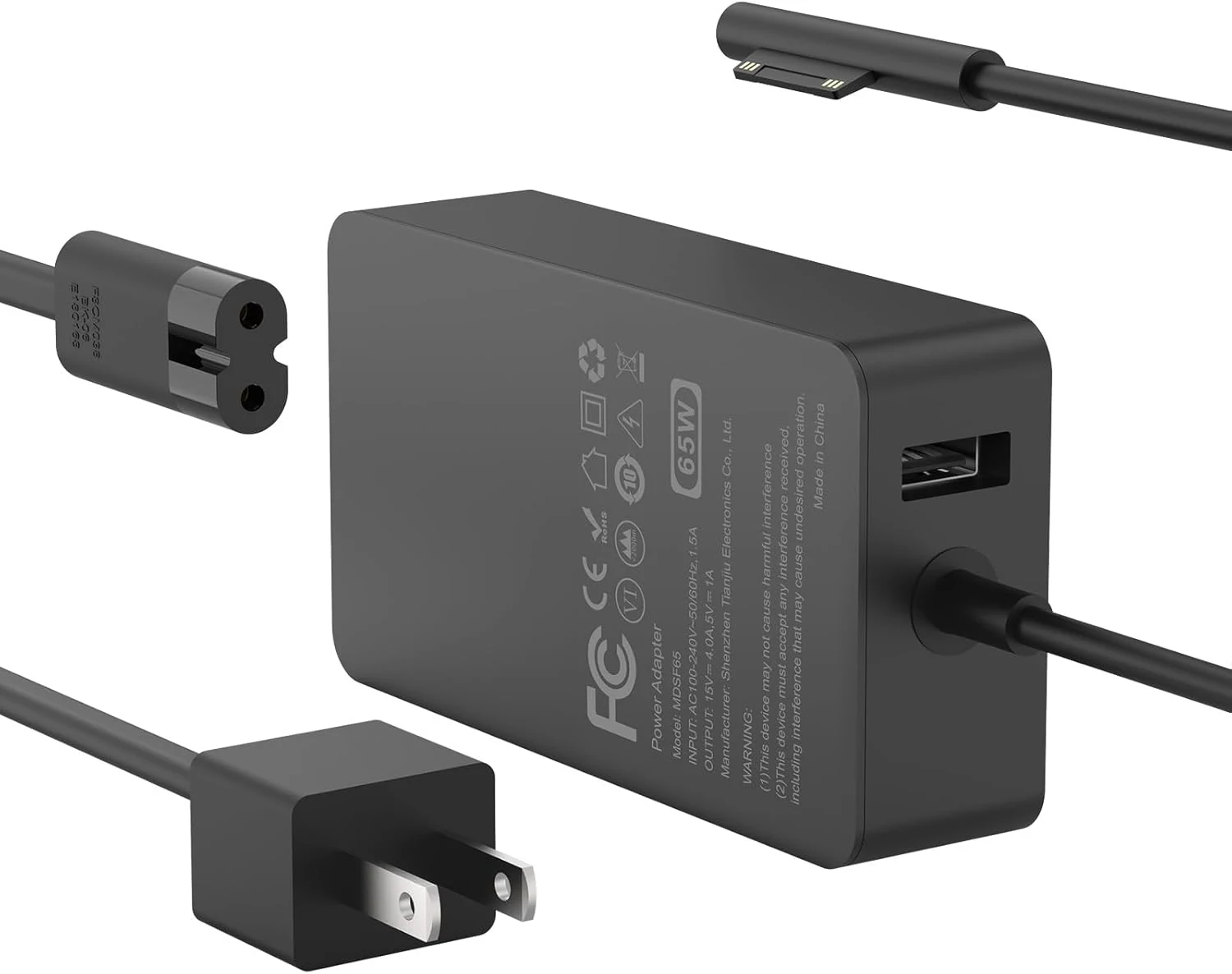 65W Charger Compatible with Microsoft Surface Pro 11, 10, 9, 8, 7+, 7, 6, 5, 4, 3, X