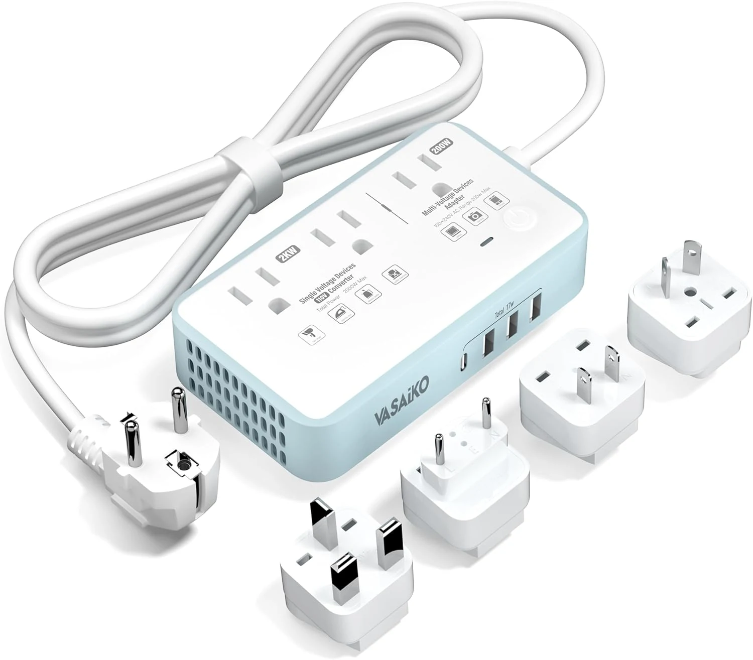 VASAIKO 220V to 110V Voltage Converter US to Europe, 2000W Voltage Converter for European Travel with 3 AC 2 USB-C 2 USB-A Ports, and EU/UK/AU/IT European Travel Plug Adapter