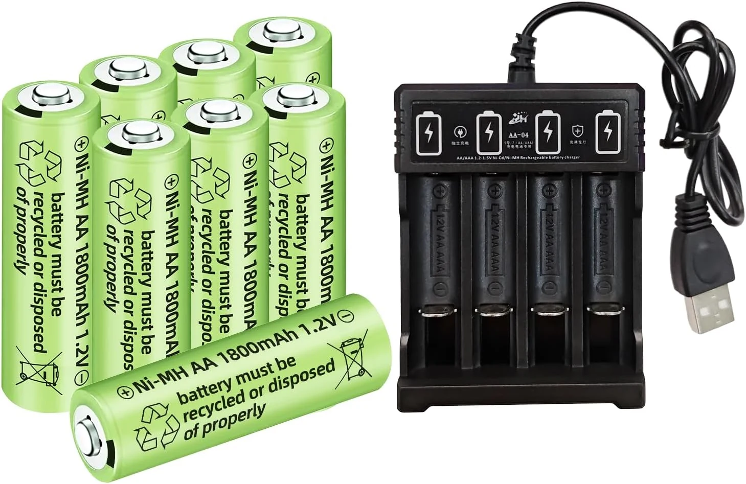8PCS 1.2V 1800mAh Ni-MH AA Rechargeable Battery with 4 Slot USB Charger