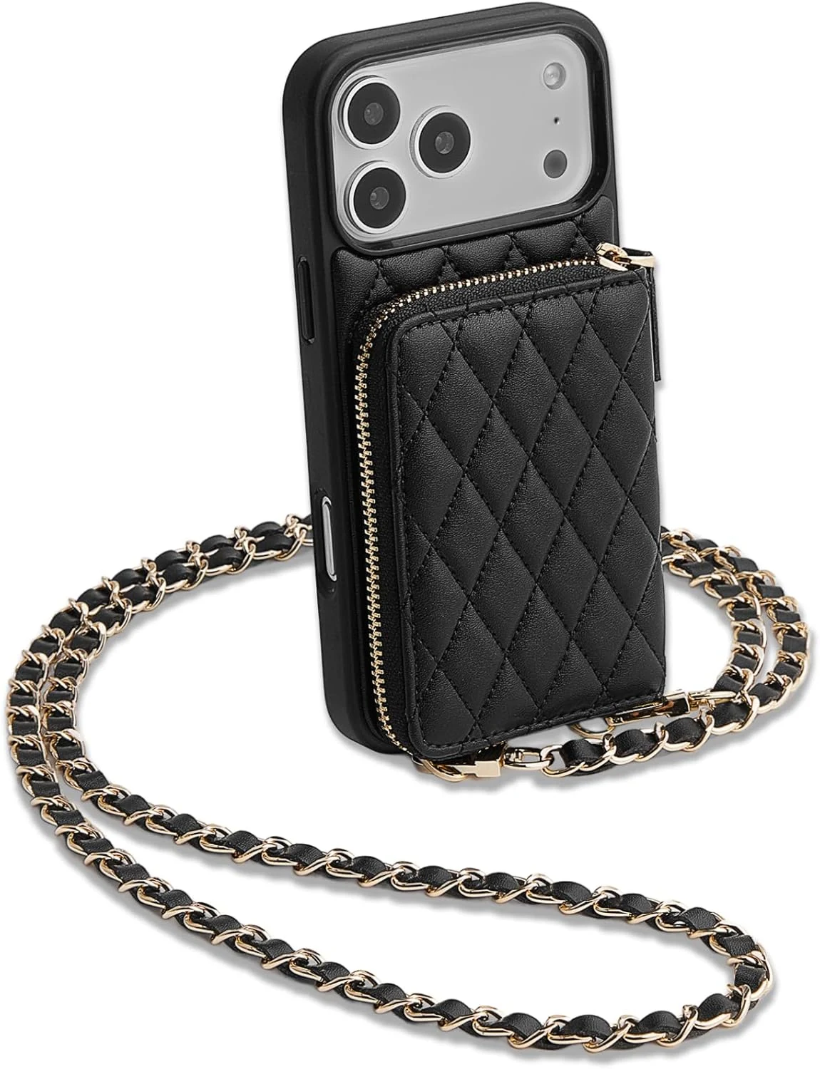 LAMEEKU for iPhone 17 Pro Max Wallet Case with Card Holder (Quilted Leather Crossbody Zipper Purse)