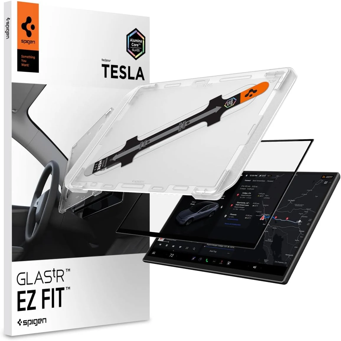 Spigen AluminaCore Tempered Glass Screen Protector [GlasTR EZ FIT] designed for Tesla Model Y standard (2026), Tesla Model Y Premium (2026), Model Y Performance (2025/2026) - Crystal Clear