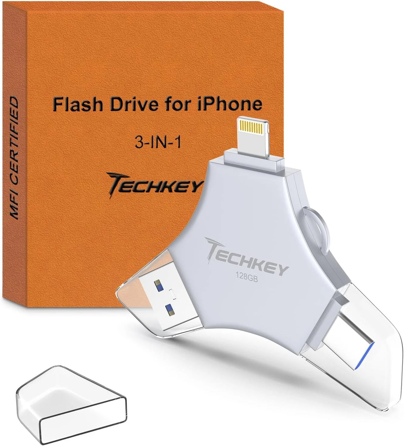 Techkey MFi Certified USB 3.0 Flash Drive 128GB for iPhone, 3in1