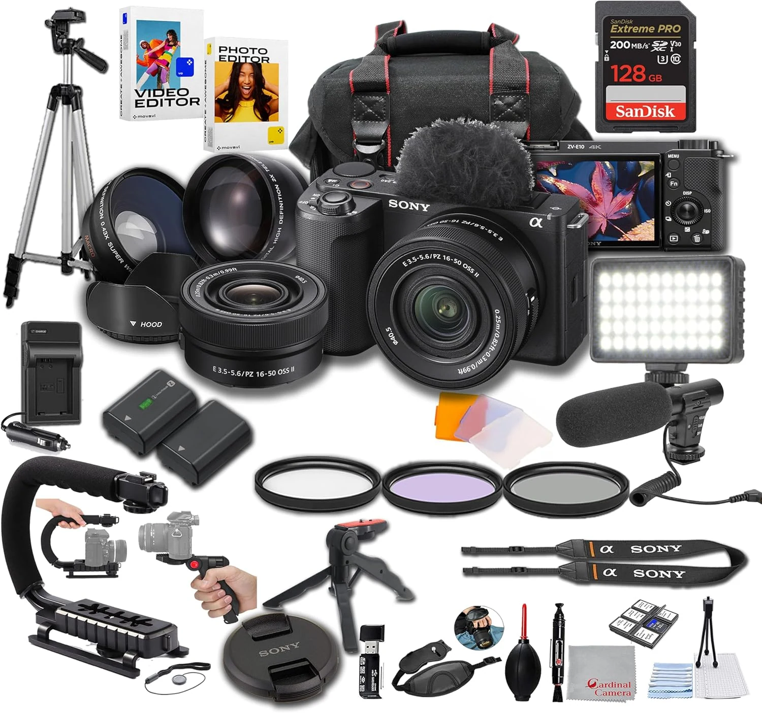Sony ZV-E10 II + 16-50mm Lens, LED Light, Microphone, 128GB Extreme Speed, U-Grip, Filters, Tripod, Case, Software, & More – Pro Video Bundle (35pc)
