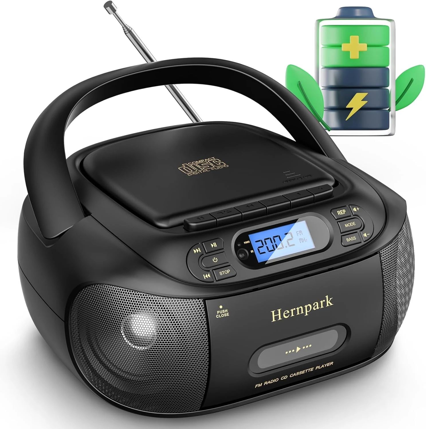 CD Cassette Player Combo, Hernpark Rechargeable Boombox with Bluetooth 5.1