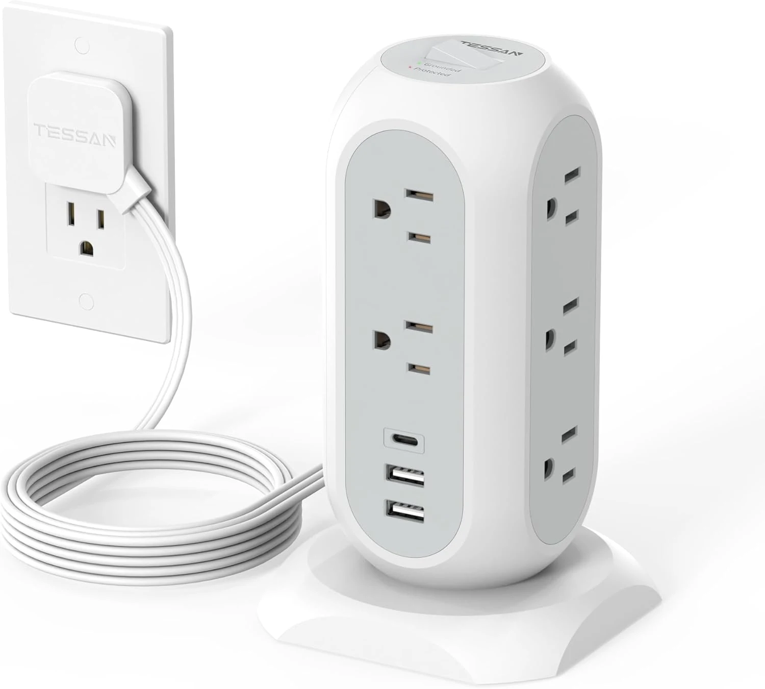Tower Power Strip Flat Plug with 11 Outlets 3 USB (1 USB C) by TESSAN