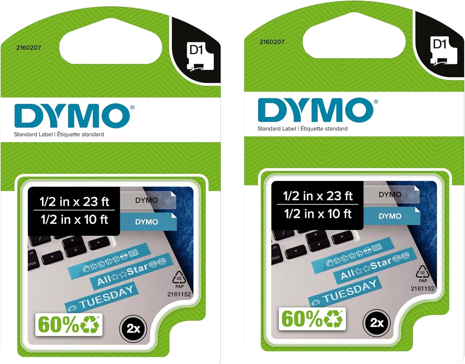 DYMO Authentic D1 Labels 1/2-Inch x 23-Foot Roll Black Print on White Self-Adhesive (2-Pack)