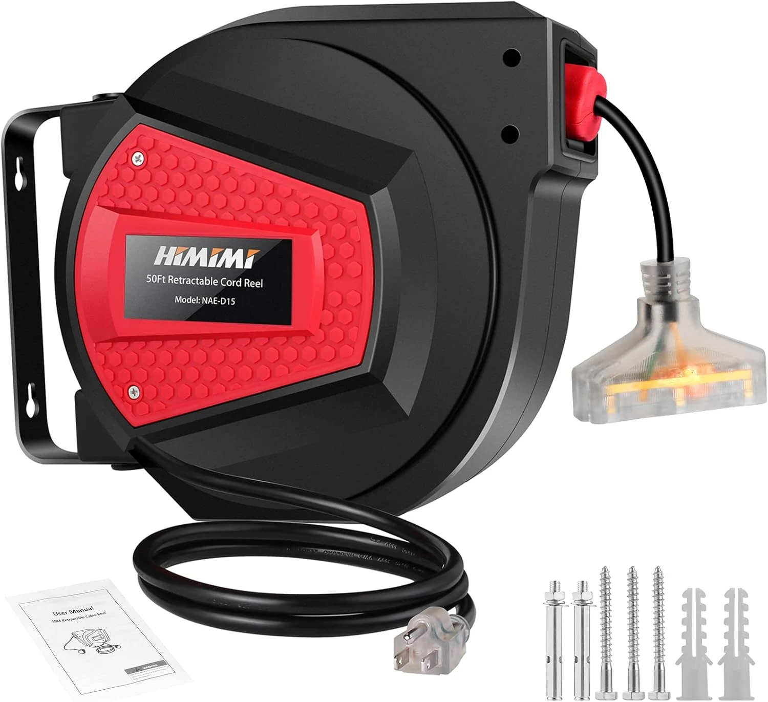 Himimi Retractable Extension Cord Reel, 50FT 14AWG/3C Power Cord Reel