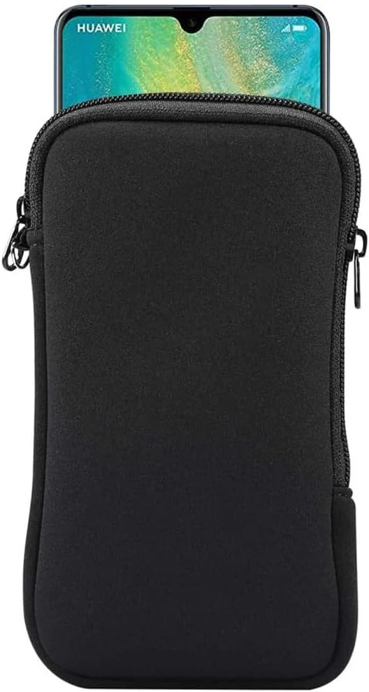 Neoprene Shock Absorbing Proof Pouch Large Cell Phone Sleeve Case Cover w Zipper/Neck Strap (Black)