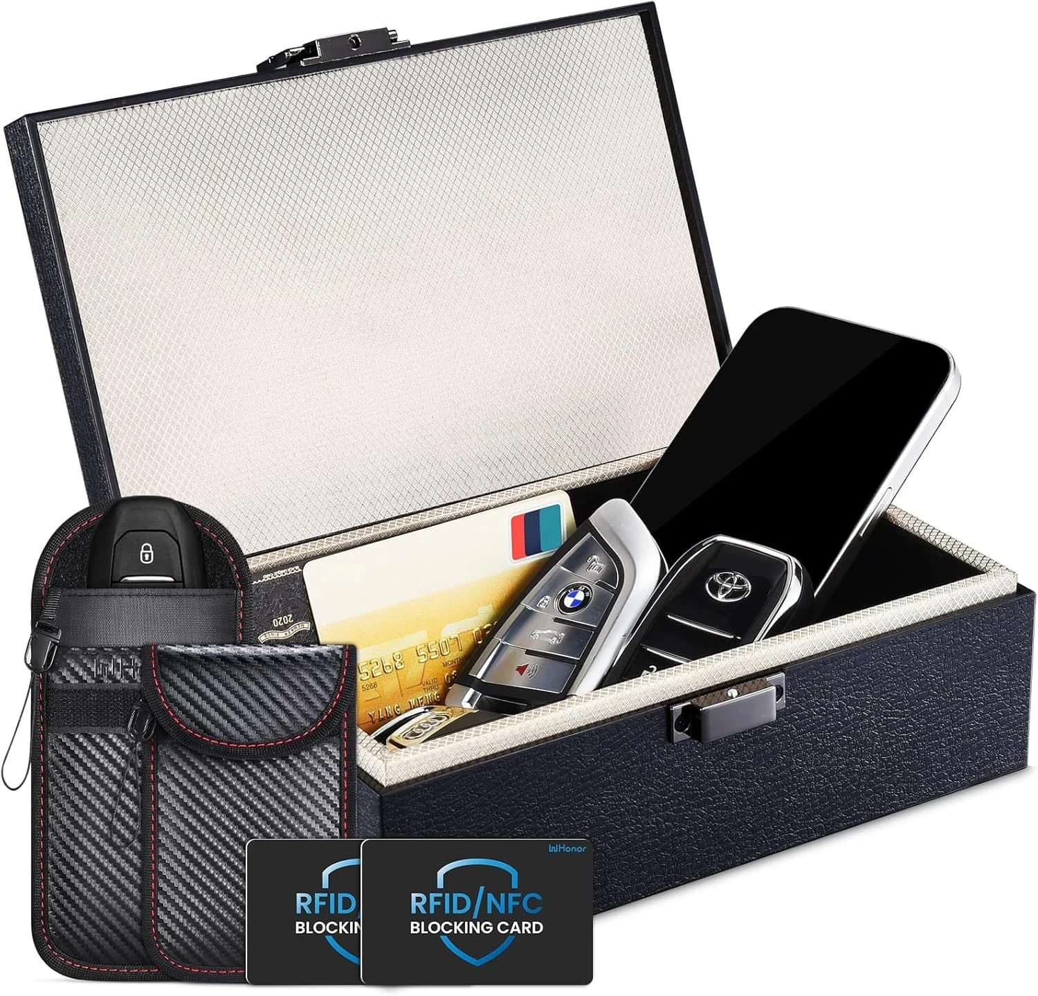 WHonor Faraday Box, RFID Key Fob Protector, 8.0" x 5.2" x 2.8" Anti-Theft Signal Blocking Shielding Cage with Faraday Pouch 2 Pack